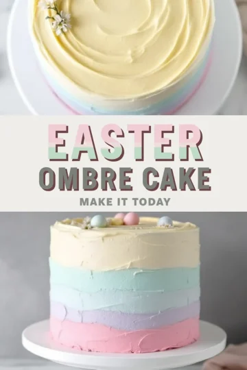 Easter ombre cake with horizontal layers of pastel yellow, mint green, baby blue, lavender, and pink buttercream, topped with mini chocolate eggs and white flowers, placed on a white cake stand, with “Easter Ombre Cake - Make It Today” text overlay.