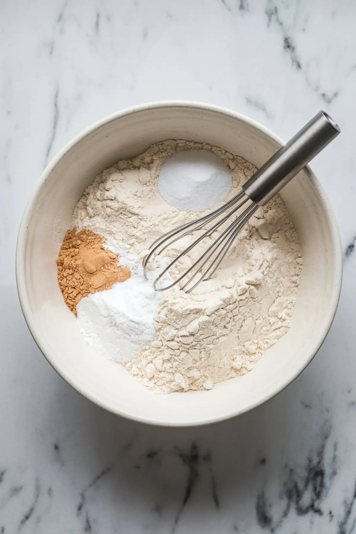 Bowl of dry ingredients including flour, baking soda, baking powder, salt, and spices, partially mixed with a metal whisk, placed on a white marble surface, showing the preparation stage of baking.