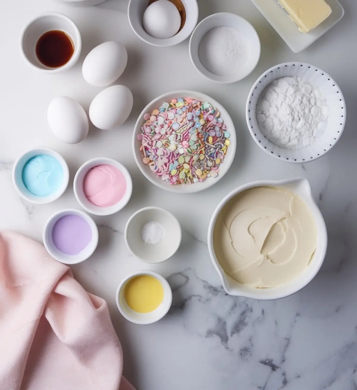A flat lay of baking ingredients for an Easter cake on a marble surface. The setup includes eggs, butter, vanilla extract, flour, sugar, baking powder, and bowls of pastel-colored icing in blue, pink, yellow, and purple. A bowl of pastel confetti sprinkles adds a festive touch.