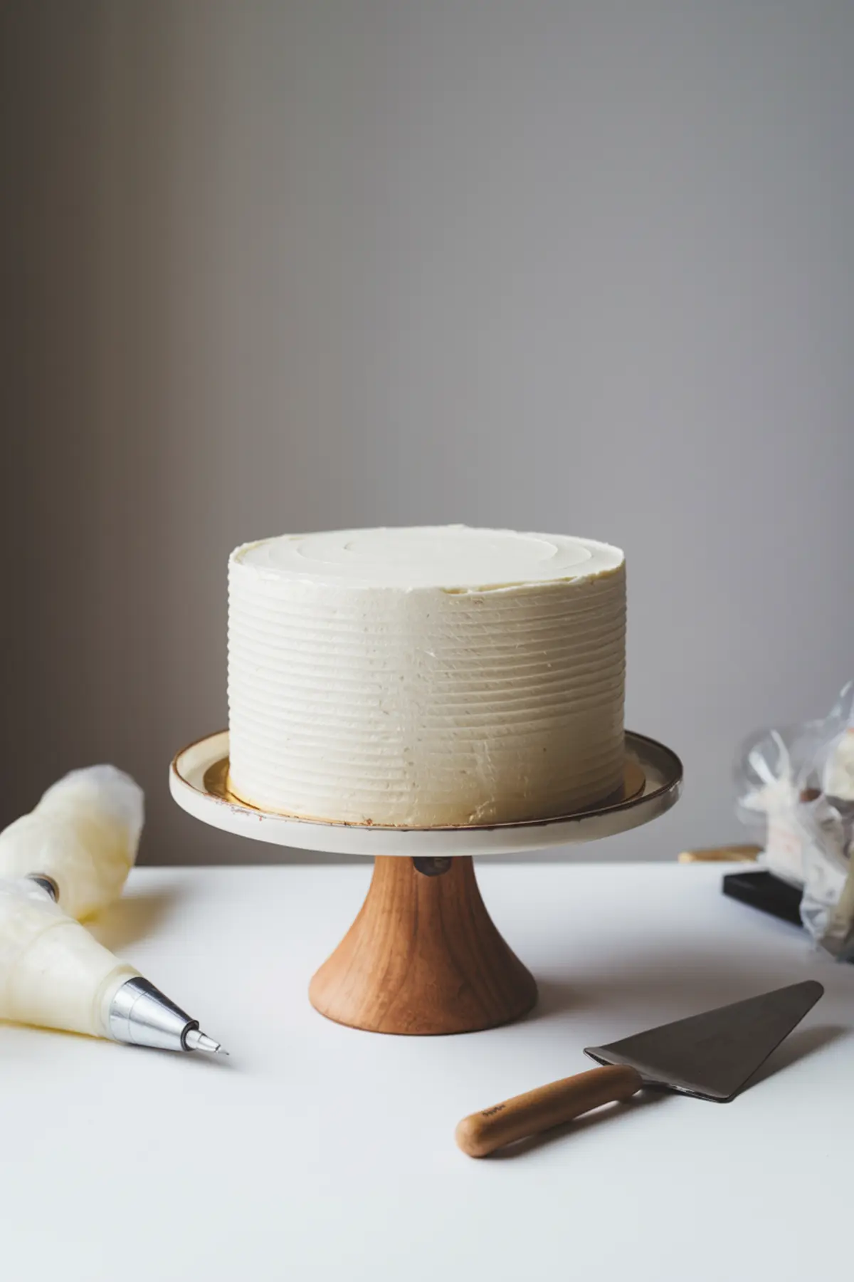 A cake with smooth white frosting on a wooden cake stand. The buttercream frosting is evenly applied with a textured ridged pattern. A piping bag and an offset spatula rest on the table beside it.