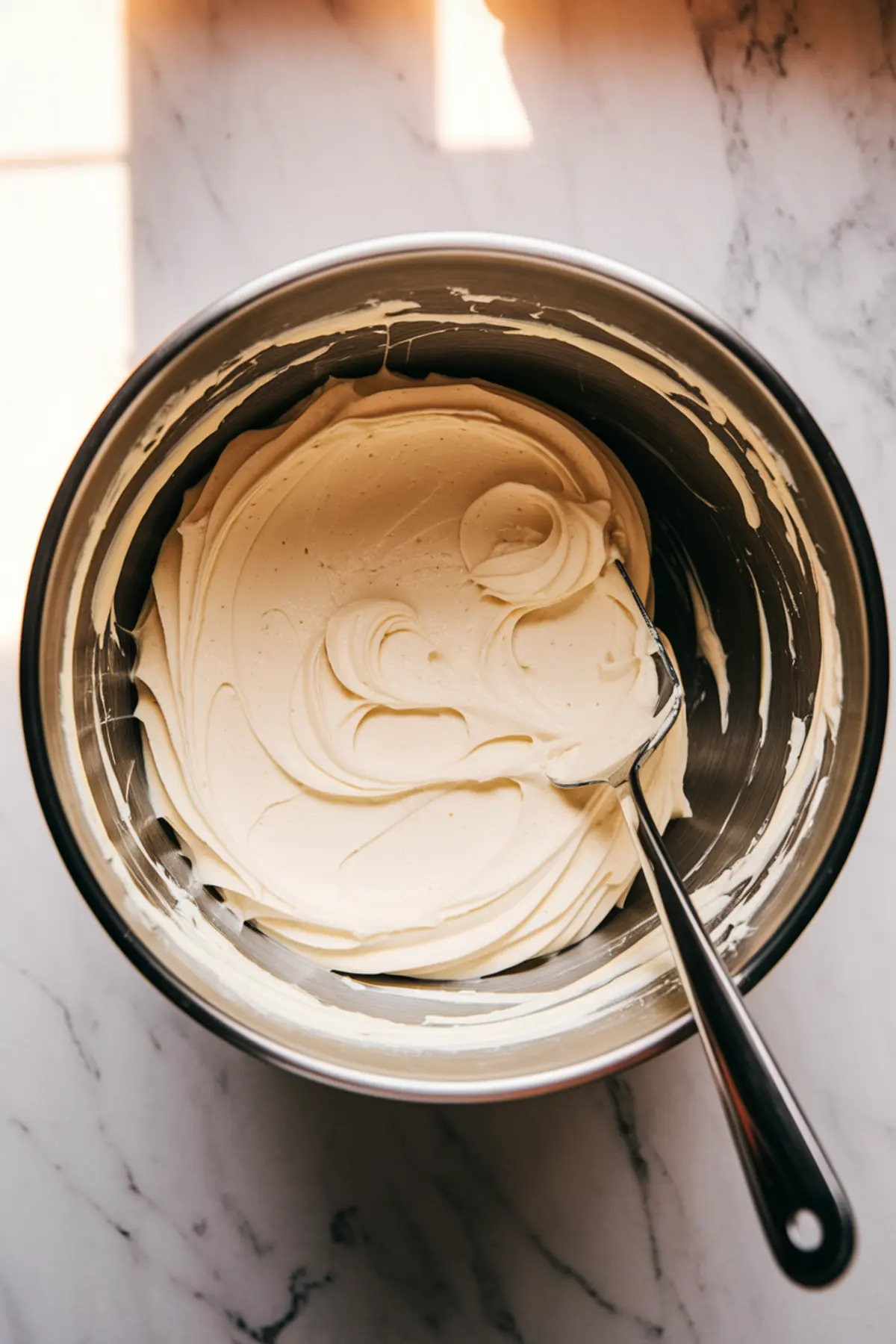 A stainless steel mixing bowl filled with creamy, whipped buttercream frosting. A spoon is partially submerged in the smooth mixture. The marble countertop and soft lighting create a cozy baking scene.