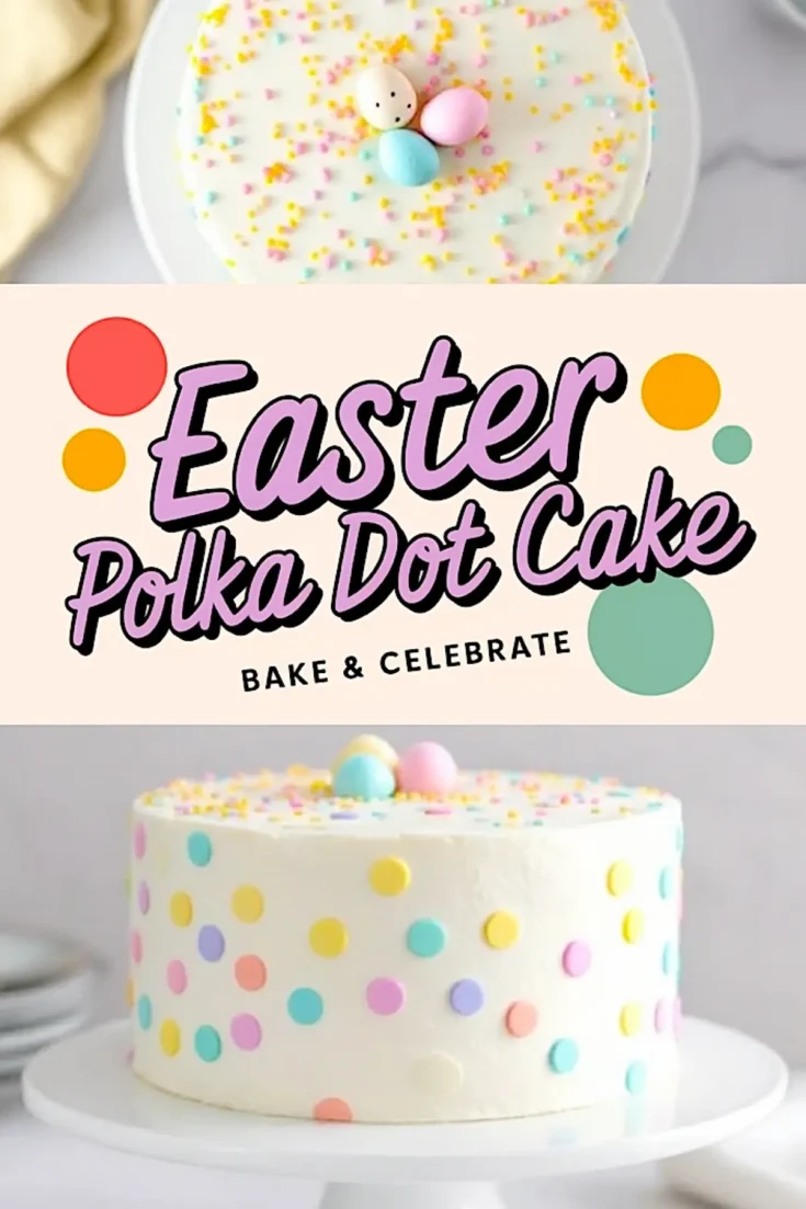 A pastel-themed Easter polka dot cake with a soft pink background and a modern text overlay. The cake has a white frosting base, pastel polka dots, and candy eggs on top. The text reads, “Easter Polka Dot Cake - Bake & Celebrate,” with colorful graphic accents.