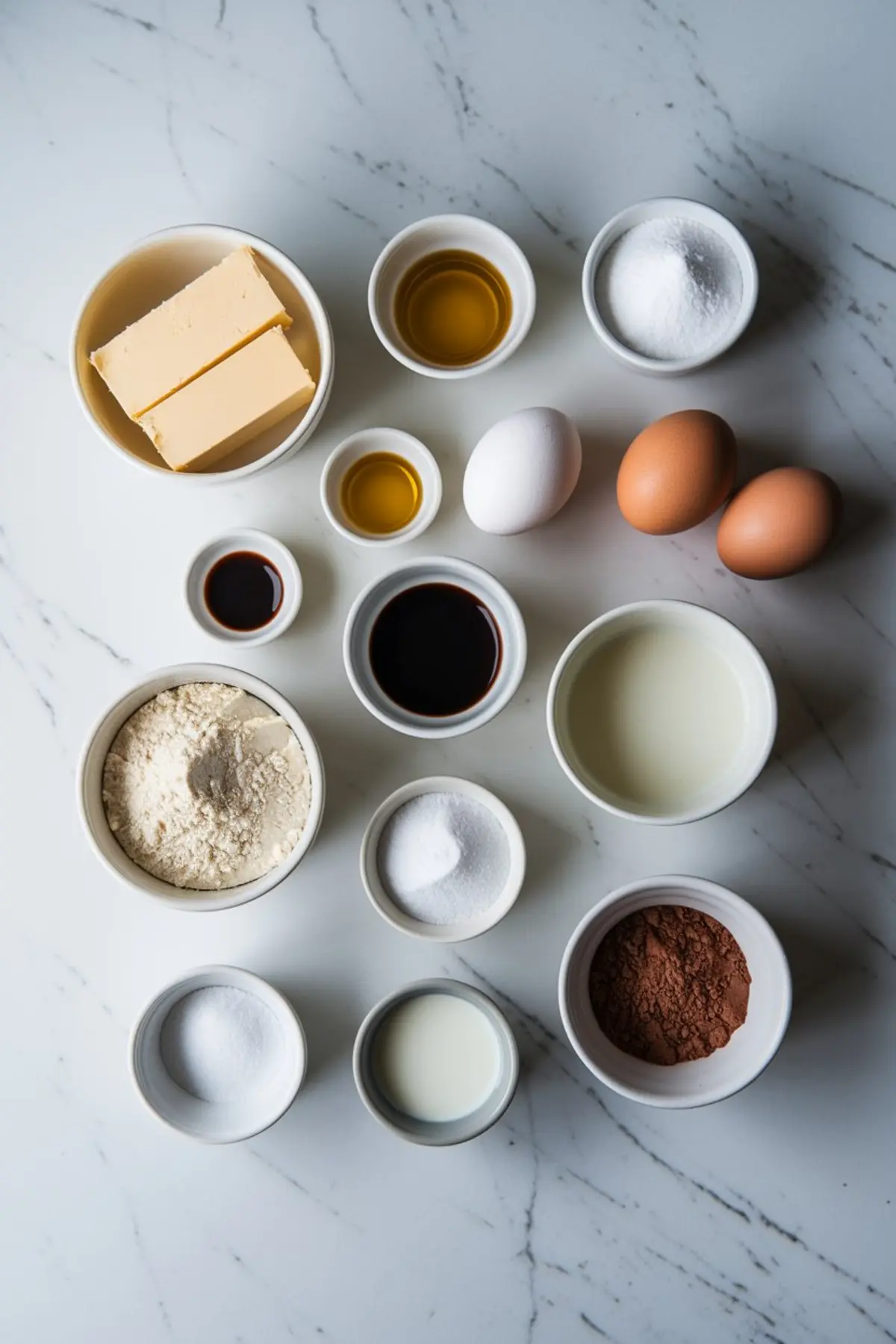 A flat lay of baking ingredients arranged on a white marble countertop. The ingredients include butter, flour, sugar, eggs, vanilla extract, cocoa powder, and milk, each placed in small bowls, ready for a chocolate swirl pound cake recipe.