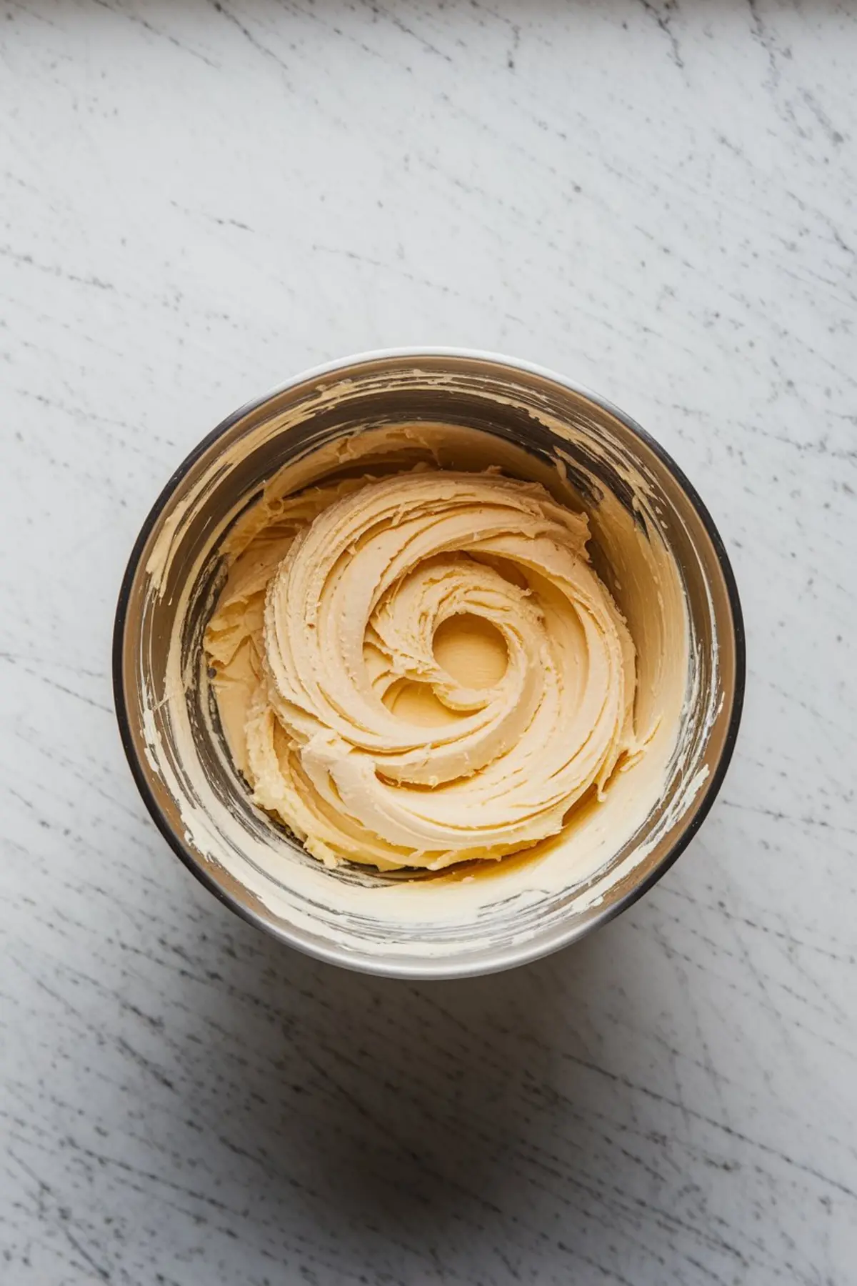 A close-up of a mixing bowl filled with creamed butter and sugar, whipped into a smooth, fluffy consistency. The mixture has a soft swirl pattern, preparing the base for the cake batter.