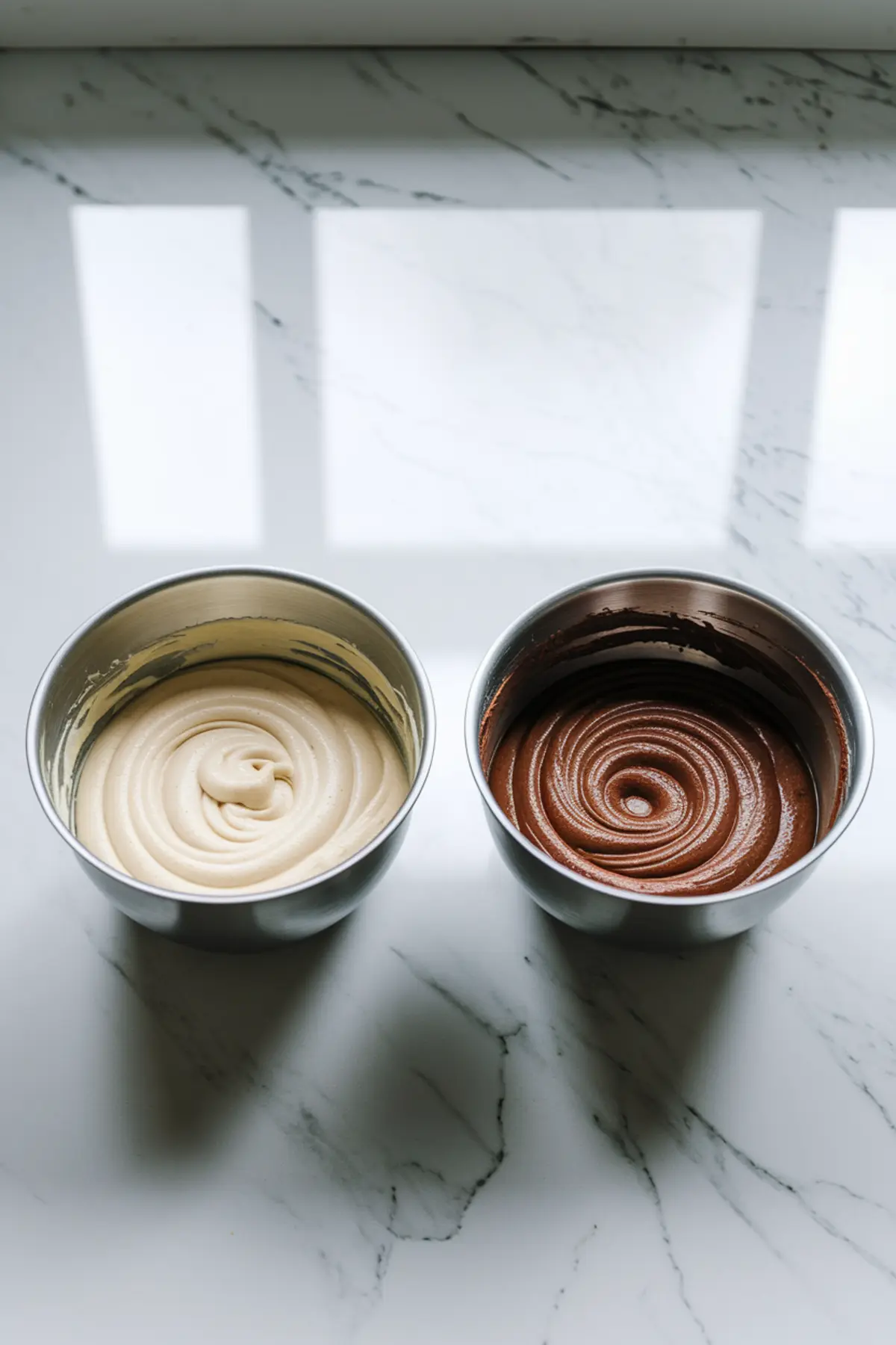 Two stainless steel bowls filled with cake batter on a white marble countertop. One bowl contains smooth vanilla batter, while the other holds chocolate batter, both swirled into a neat spiral, ready to be combined for a marbled effect.