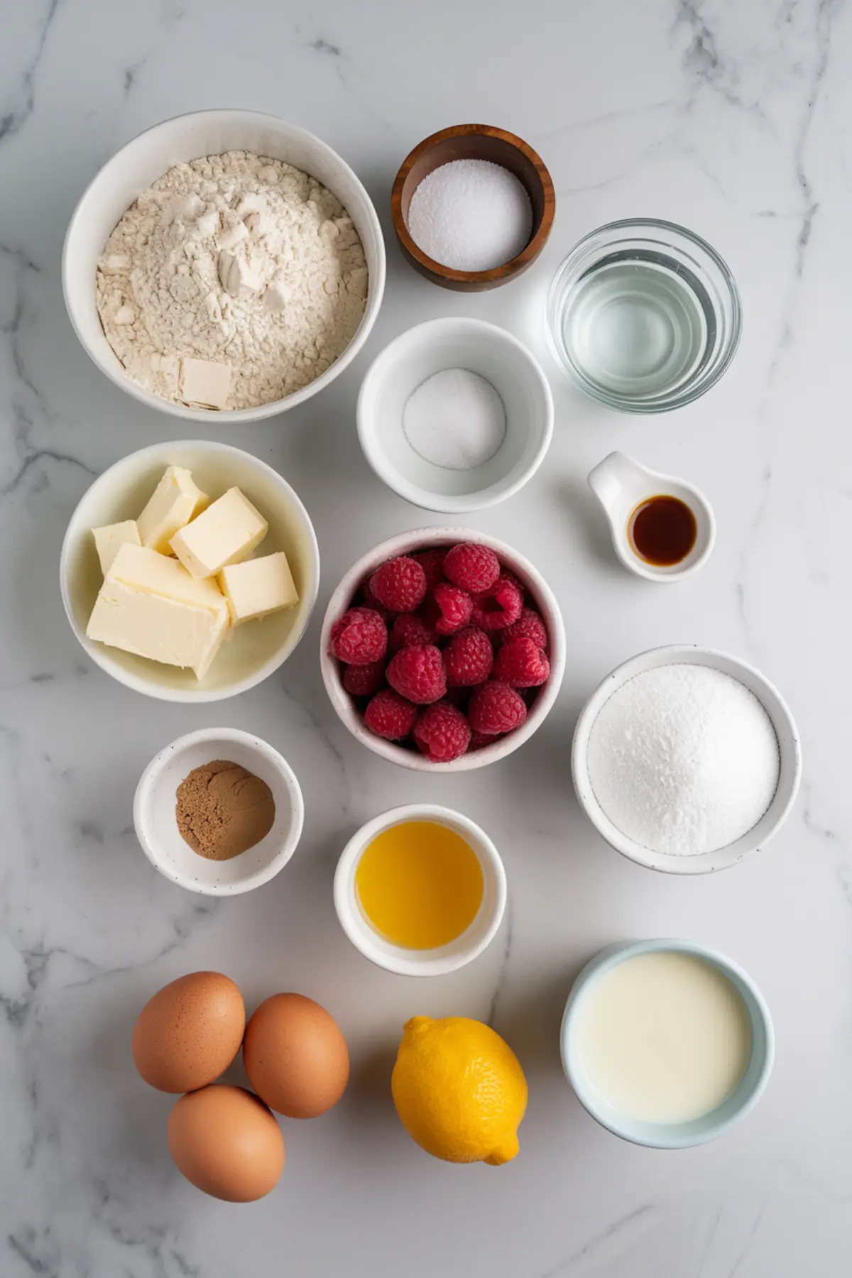 Overhead view of assorted baking ingredients on a marble surface, including fresh raspberries, flour, butter cubes, eggs, sugar, vanilla extract, lemon, milk, and spices, arranged in small bowls and cups for a homemade raspberry pie recipe.