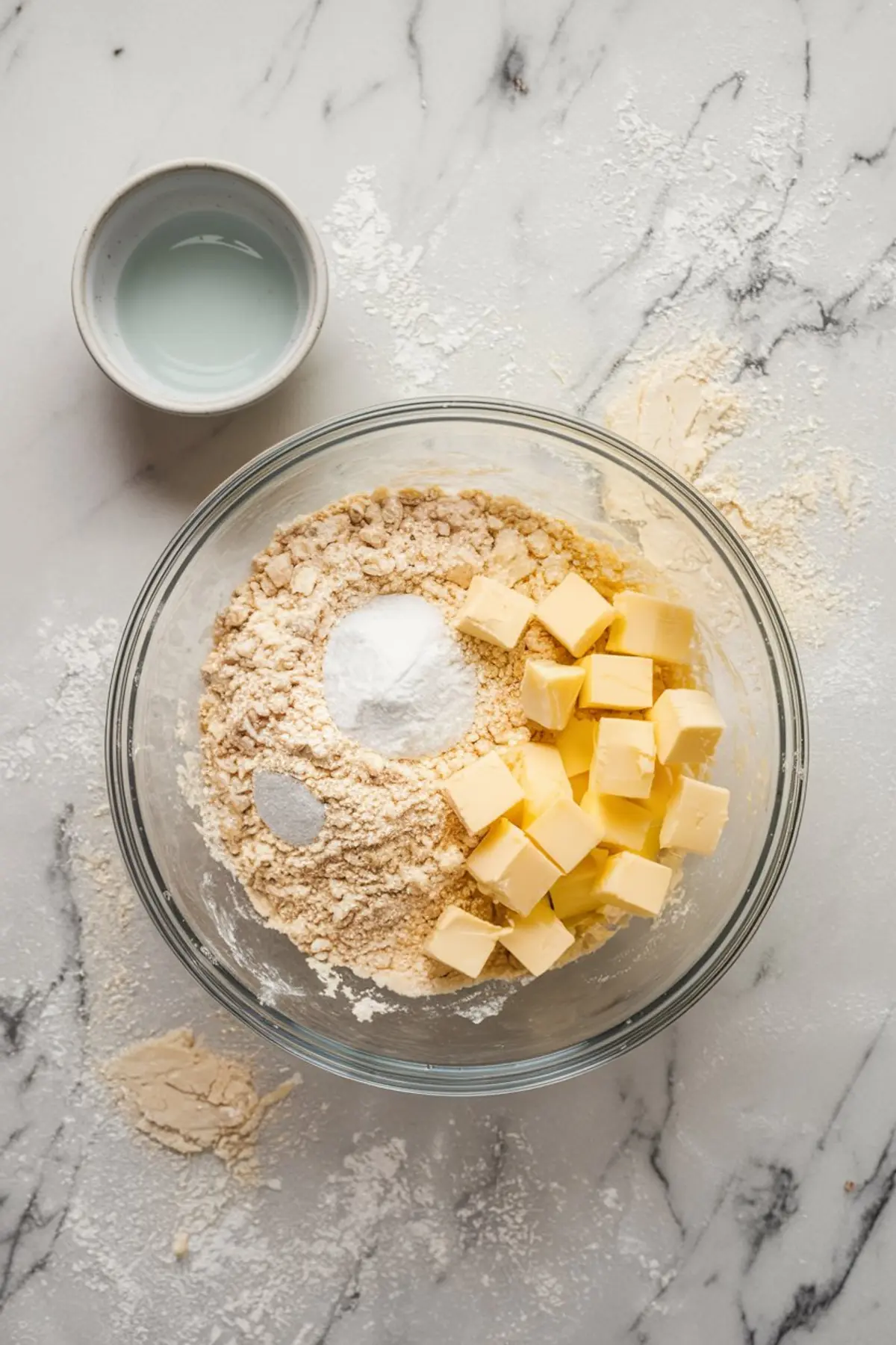 Overhead shot of a glass mixing bowl with flour, sugar, baking powder, and cubed butter ready to be combined, with a small bowl of water nearby, on a floured marble countertop.