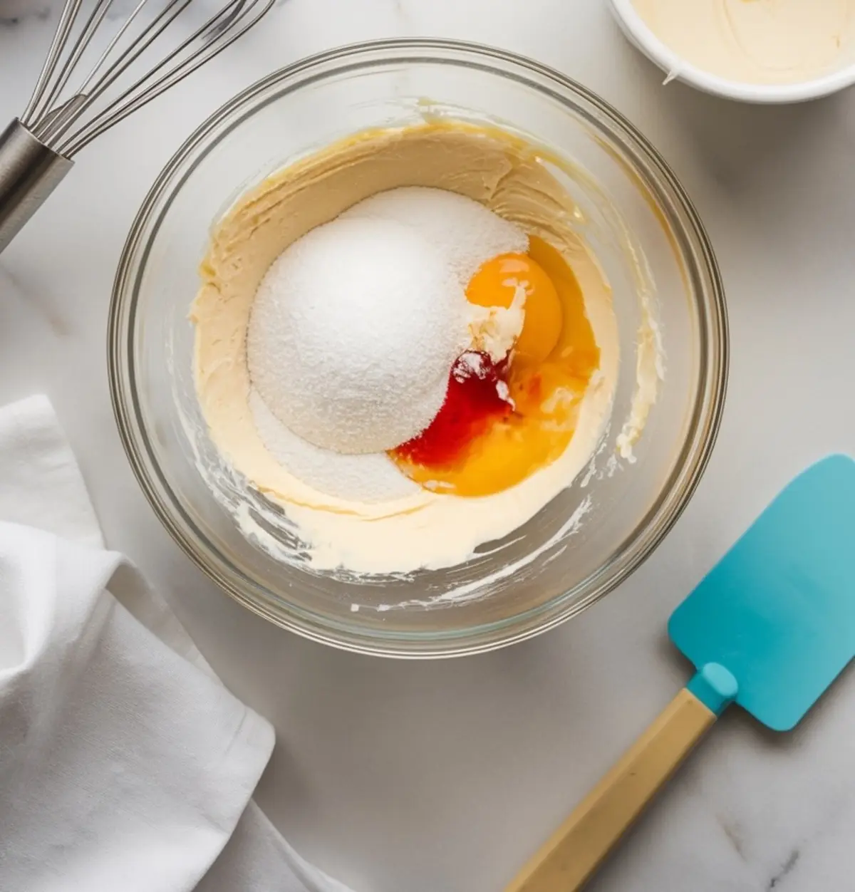 Overhead shot of a glass bowl with a mixture of sugar, egg yolks, and vanilla extract being prepared for the creamy filling, set next to a blue spatula and whisk on a white countertop.