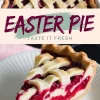 Collage with a top view of a baked raspberry pie with a lattice crust and a close-up of a pie slice showcasing layers of raspberry filling and creamy custard, labeled “Easter Pie - Taste It Fresh.”