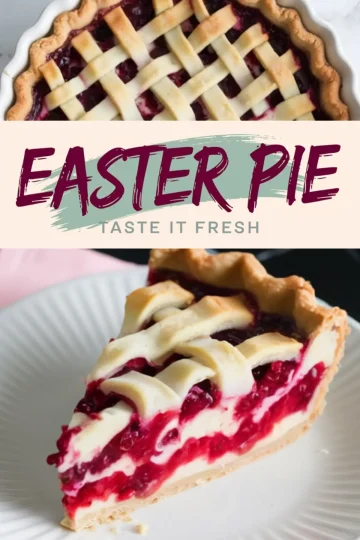 Collage with a top view of a baked raspberry pie with a lattice crust and a close-up of a pie slice showcasing layers of raspberry filling and creamy custard, labeled “Easter Pie - Taste It Fresh.”