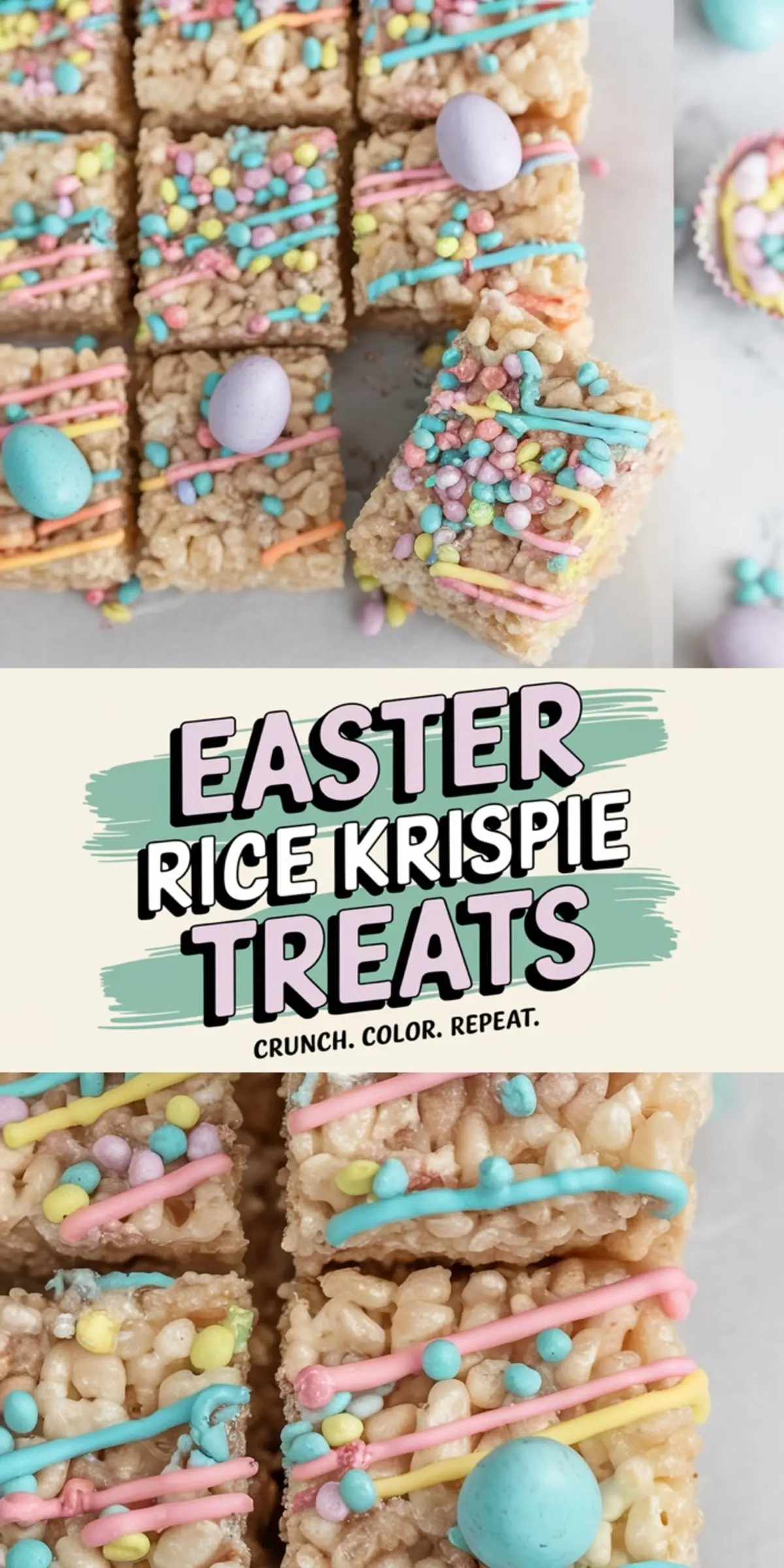Easter Rice Krispie treats topped with pastel-colored candy sprinkles, drizzled with pink, blue, and yellow icing, and decorated with candy-coated chocolate eggs. A crunchy and colorful Easter treat for kids.
