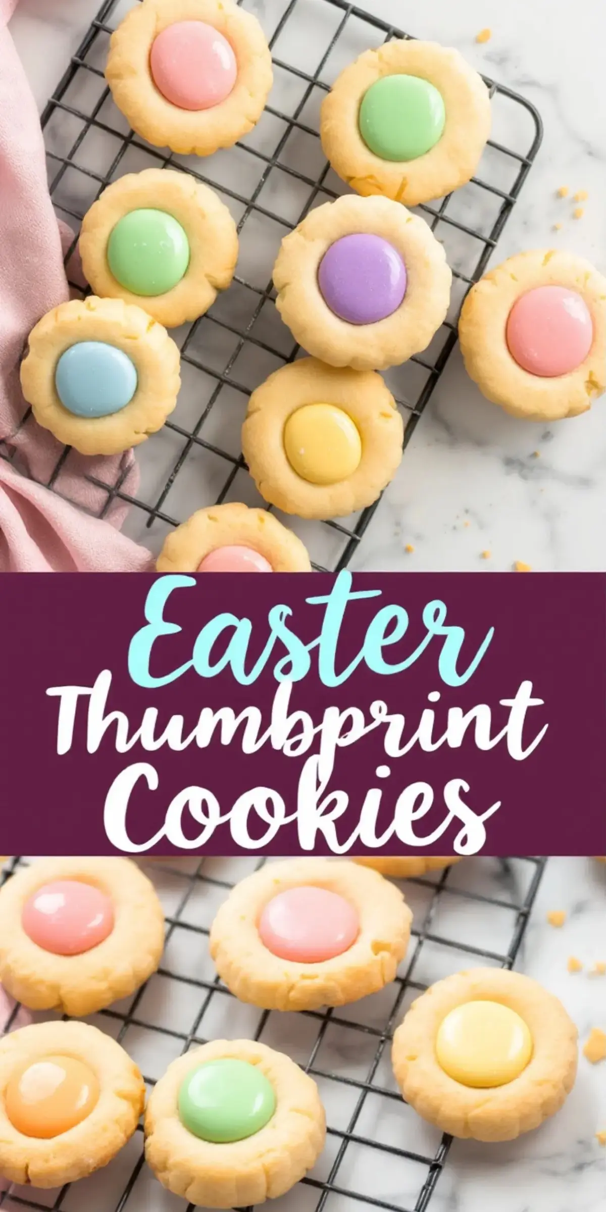 Easter thumbprint cookies with a soft, buttery base and a glossy pastel candy center in shades of pink, green, yellow, and purple, arranged on a wire cooling rack. A simple Easter treat for kids.