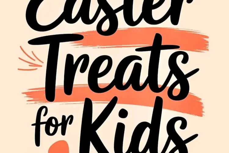 Digital graphic with the text “24 Easter Treats for Kids - Fun & Easy Ideas!” in bold, playful fonts. The design includes pastel-colored rabbits, Easter eggs, and orange brushstroke accents on a light beige background.
