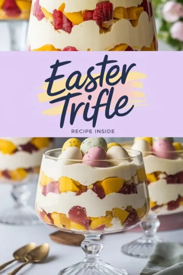 A layered Easter trifle dessert in a glass, featuring alternating layers of whipped cream, diced mango, and strawberries. Topped with pastel-colored speckled chocolate eggs. A lavender banner in the center displays the text “Easter Trifle” with “Recipe Inside.” The background includes additional trifles and soft-focus flowers.