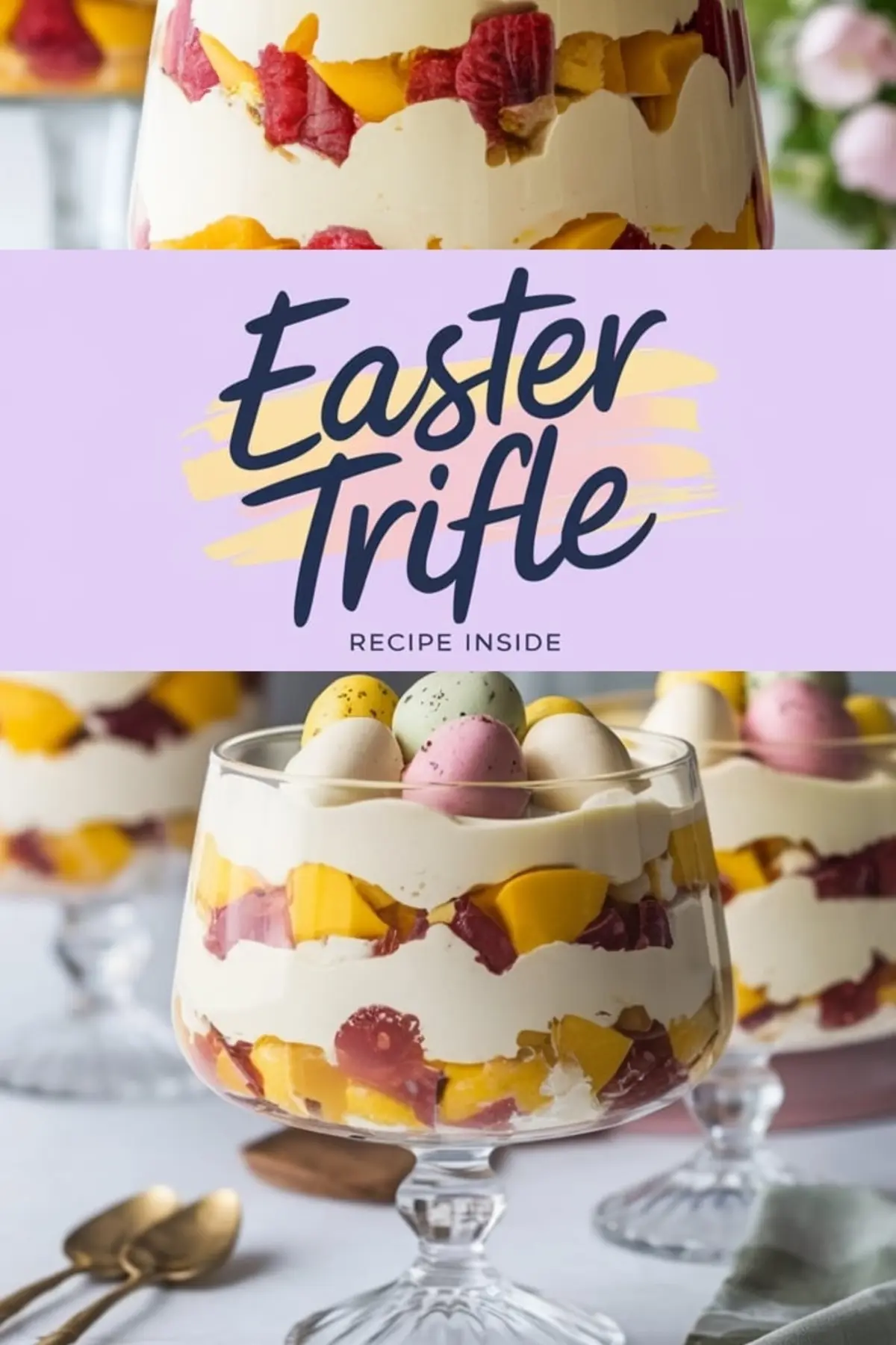 A layered Easter trifle dessert in a glass, featuring alternating layers of whipped cream, diced mango, and strawberries. Topped with pastel-colored speckled chocolate eggs. A lavender banner in the center displays the text “Easter Trifle” with “Recipe Inside.” The background includes additional trifles and soft-focus flowers.