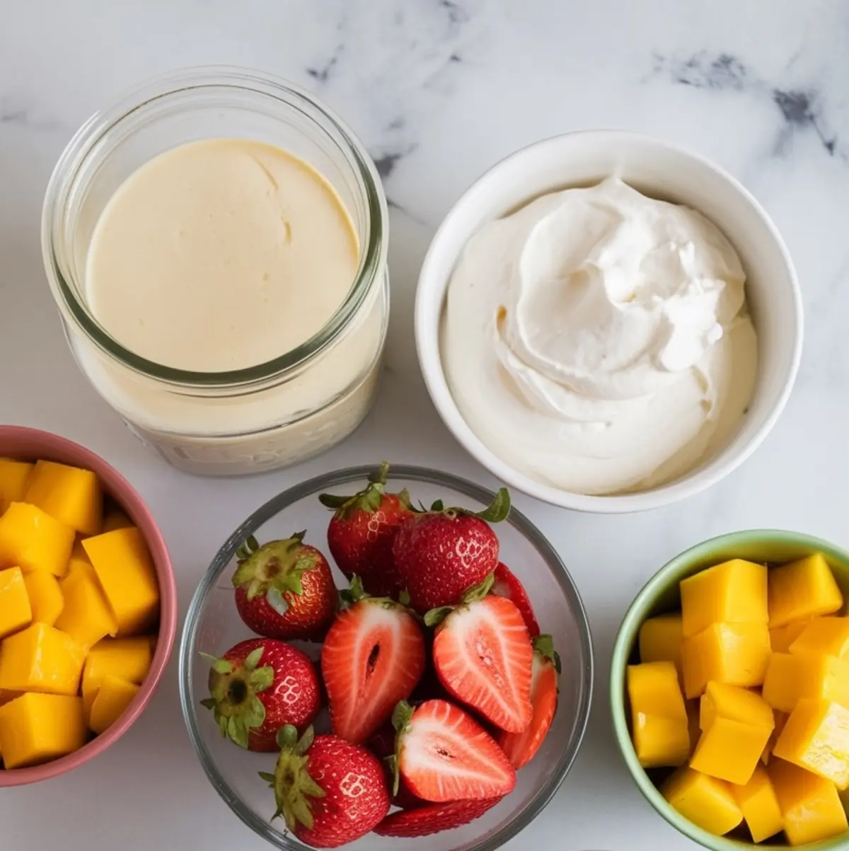 A flat-lay image of trifle ingredients arranged on a marble countertop. A jar of custard, a bowl of whipped cream, fresh strawberries, and two bowls of diced mango are displayed. The vibrant colors contrast with the neutral background.