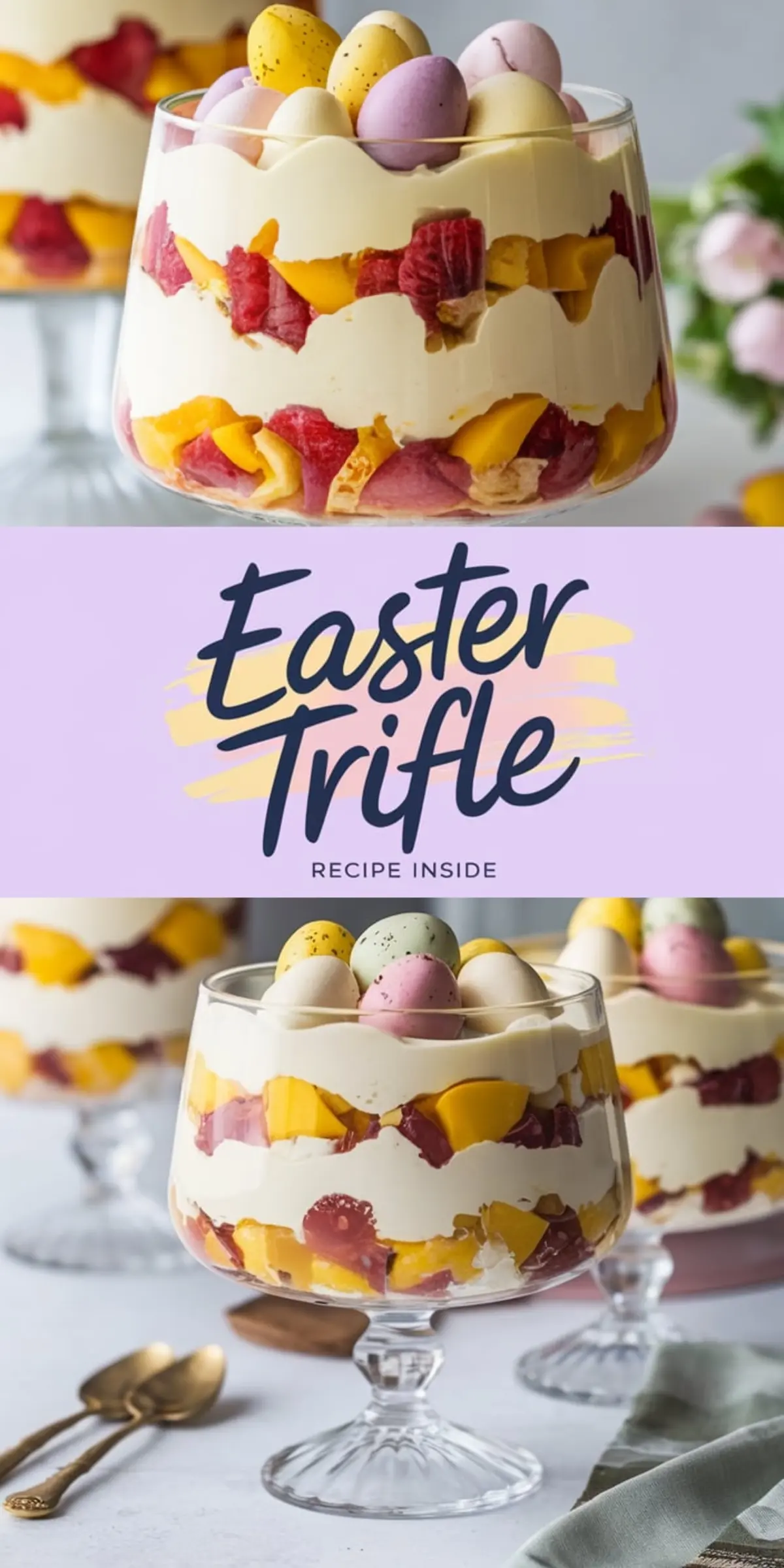 A collage featuring two views of an Easter trifle. The top and bottom sections showcase the layered dessert in a glass, filled with mango, strawberries, and whipped cream, and garnished with pastel chocolate eggs. A centered lavender banner reads “Easter Trifle” with “Recipe Inside.” The setting includes golden spoons and a soft green napkin.