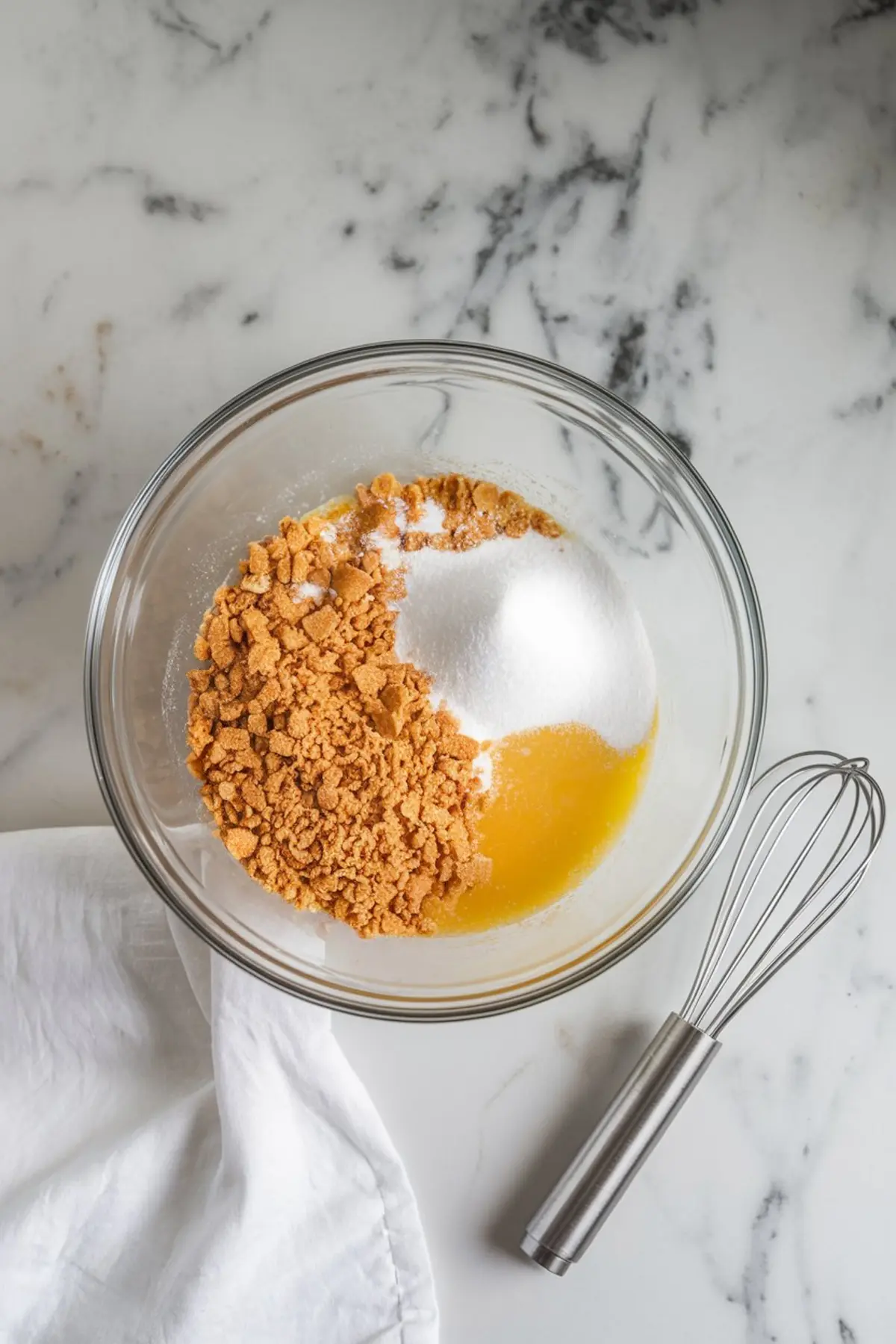 Glass mixing bowl on a marble surface filled with crushed graham crackers, white sugar, and melted butter, with a metal whisk placed beside it, showing the ingredients for a graham cracker crust.