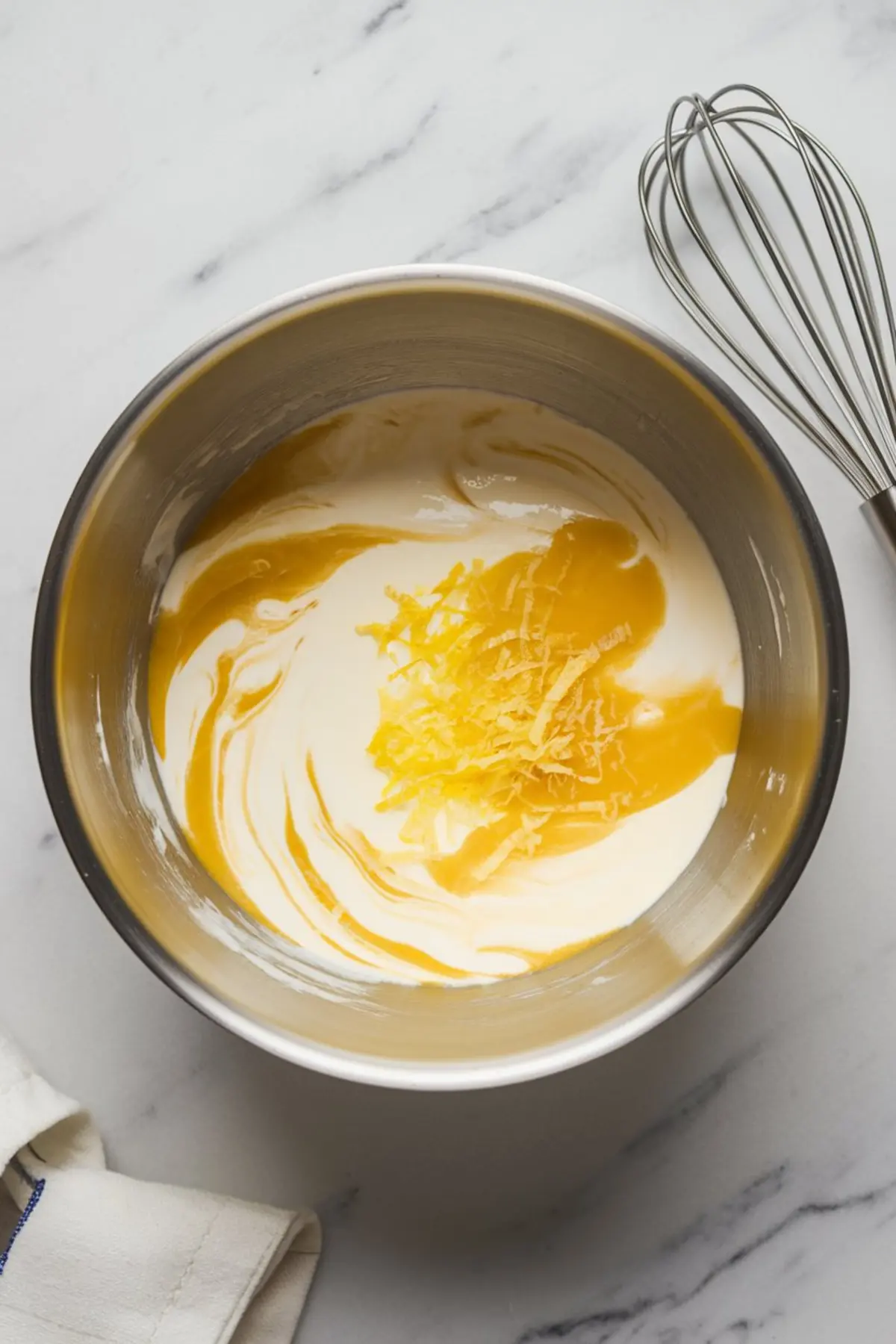 Stainless steel mixing bowl containing creamy lemon filling ingredients being combined, including lemon zest, lemonade concentrate, and whipped mixture, with a whisk resting nearby on a marble surface.