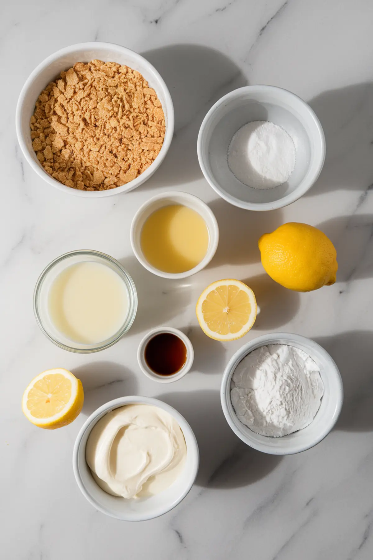 Flat lay of lemon pie ingredients on a marble surface, including graham cracker crumbs, sugar, sweetened condensed milk, lemon juice, lemon zest, vanilla extract, sour cream, powdered sugar, baking powder, and whole lemons, prepared for a no-bake frozen lemonade pie.