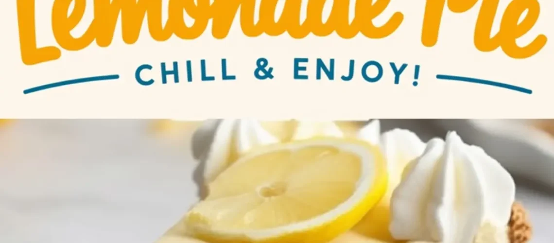 Collage showing a frozen lemonade pie decorated with whipped cream and lemon slices, and a close-up of a creamy pie slice on a white plate with a gold fork, featuring text overlay “Frozen Lemonade Pie Chill & Enjoy!”.