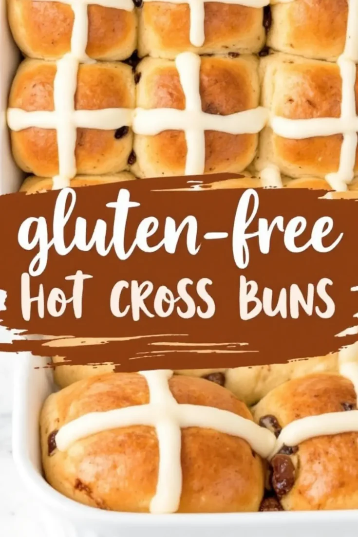 A baking dish filled with soft, gluten-free hot cross buns with raisins and a glossy surface. White icing crosses decorate the top, and a rustic text overlay emphasizes the gluten-free recipe.
