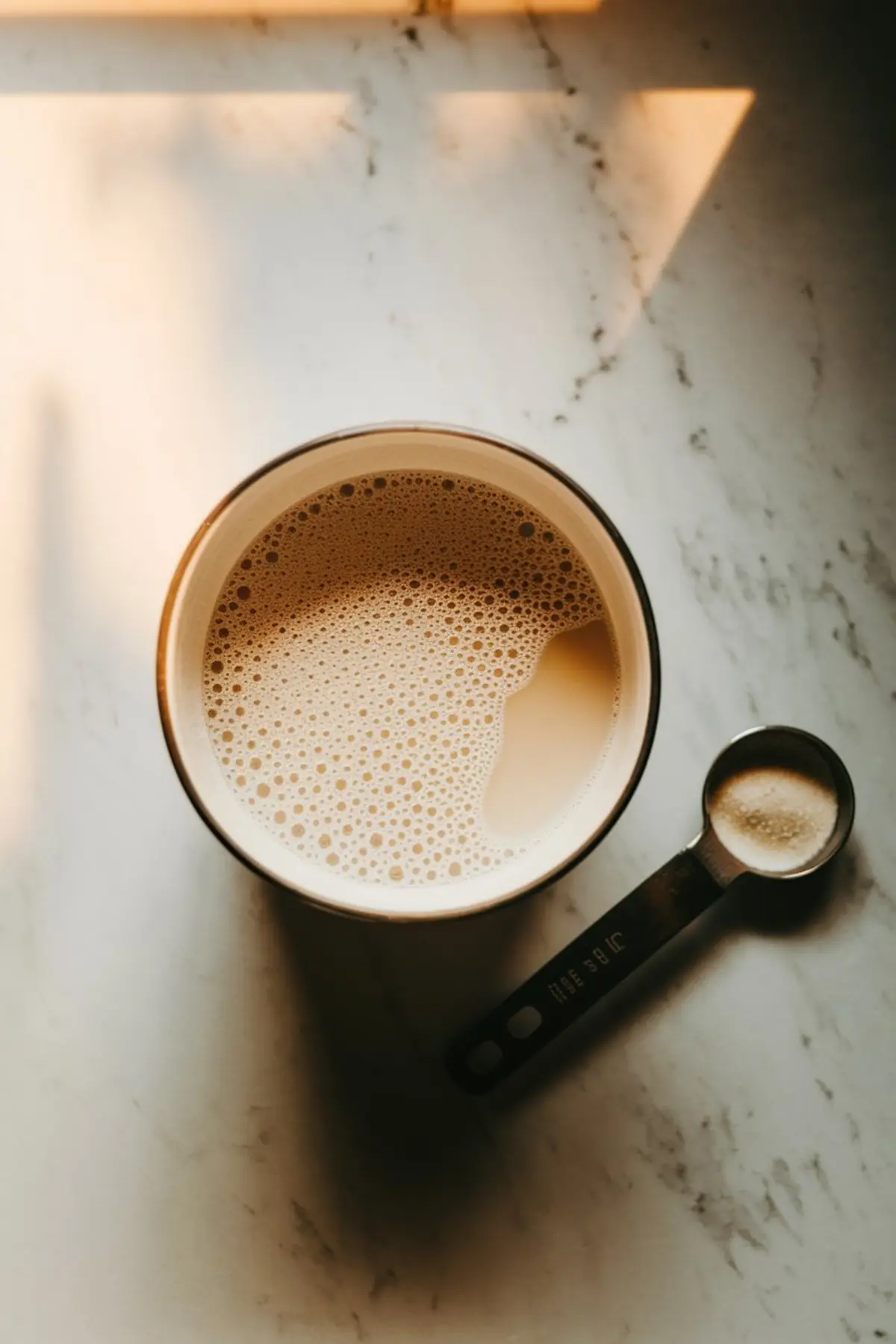A warm cup of milk tea with a frothy surface sits on a marble countertop, bathed in soft sunlight. A metal measuring spoon filled with powdered ingredients rests beside the cup, casting a shadow on the surface.