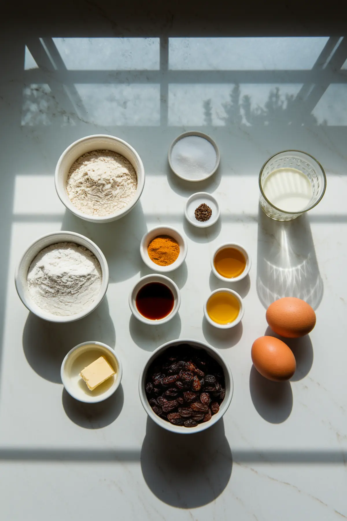 An overhead shot of baking ingredients arranged neatly on a marble countertop, illuminated by natural light. The selection includes flour, sugar, milk, butter, eggs, raisins, vanilla extract, spices, and other essential components for homemade baked goods.