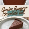 Top-down view of a glossy finished chocolate tart in a white fluted dish, with a text overlay reading “Gordon Ramsey’s Chocolate Tart,” followed by a single slice of the tart served on a light grey ceramic plate.