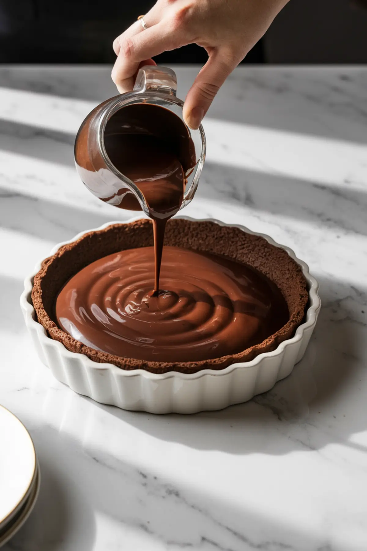A hand pours smooth melted chocolate ganache from a glass jug into a chocolate tart shell in a white ceramic dish, set on a sunlit marble surface.