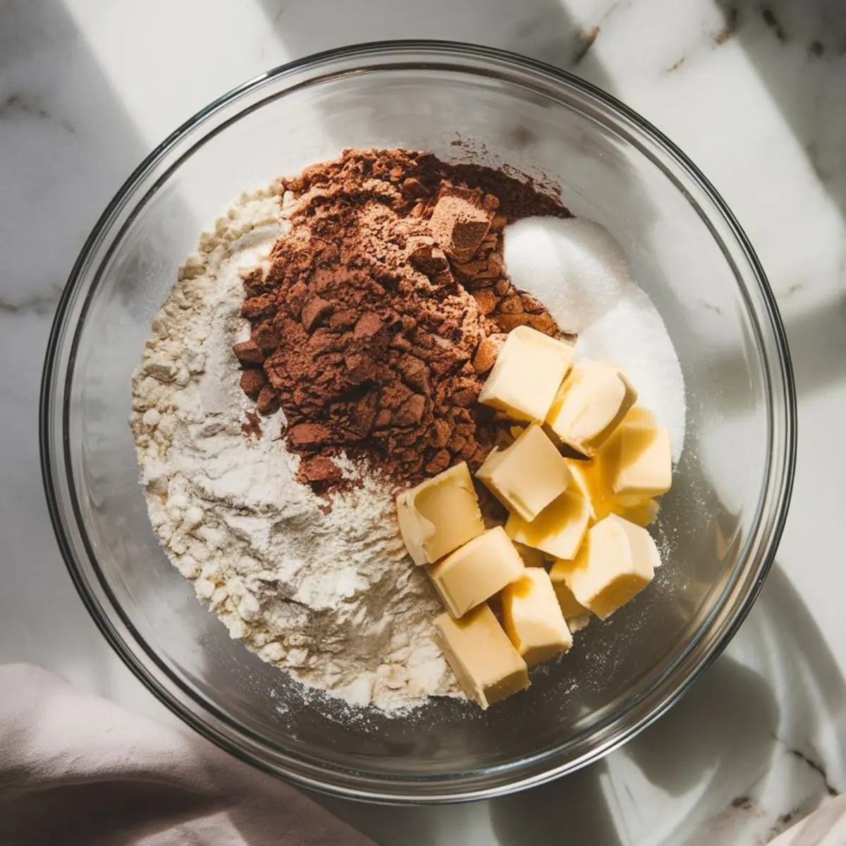 Glass mixing bowl filled with flour, cocoa powder, sugar, and cubed butter, set on a marble countertop with soft sunlight casting shadows.