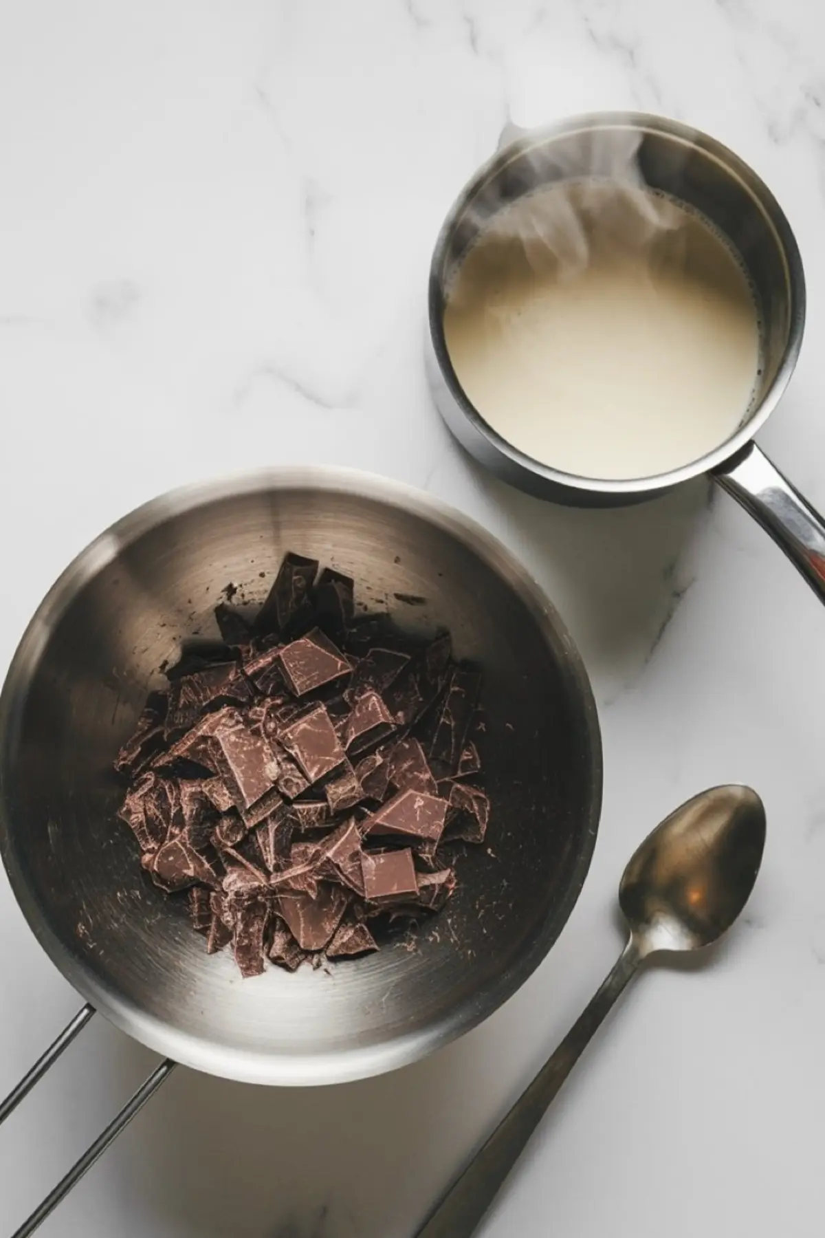 Double boiler setup with chopped dark chocolate in a metal bowl and hot cream steaming in a saucepan beside it, arranged on a white marble surface with a metal spoon nearby.