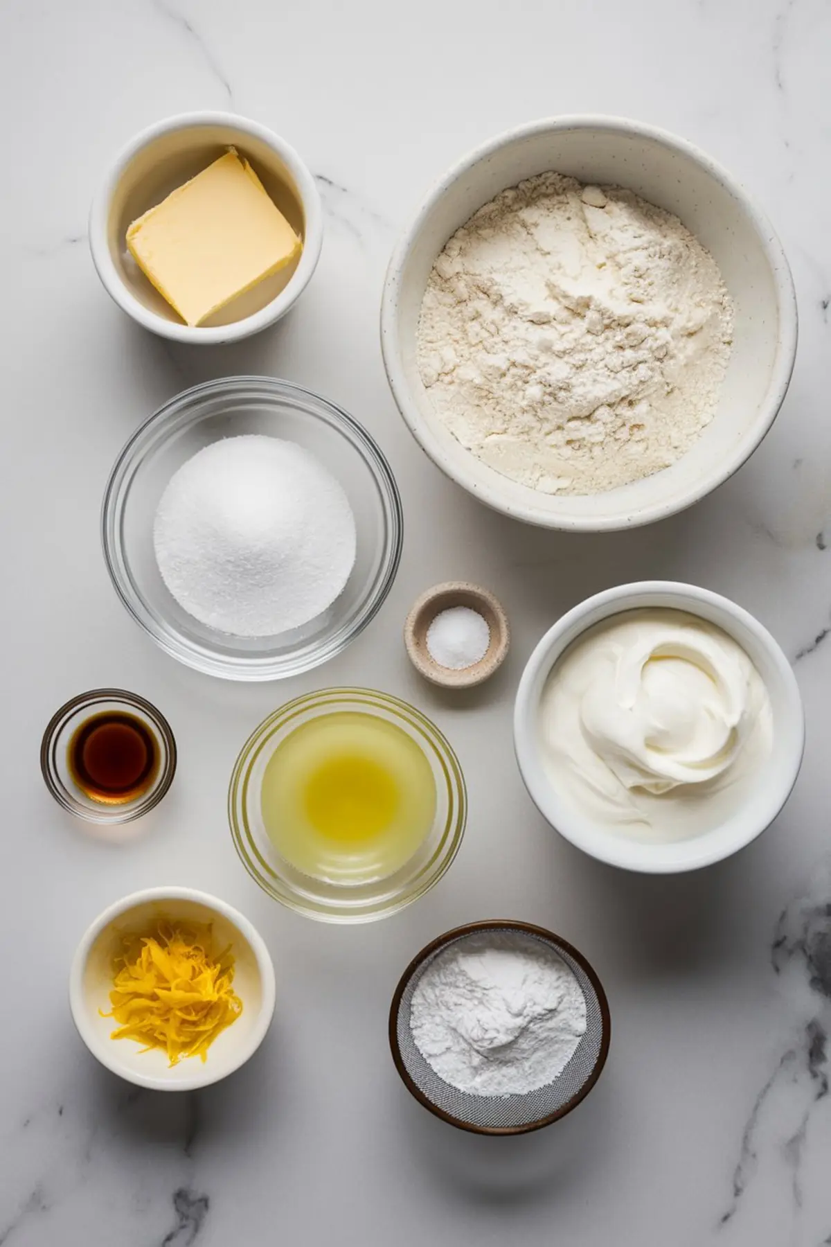 Flat lay of lemon bar ingredients on a white marble surface, including butter, flour, granulated sugar, salt, sour cream, vanilla extract, lemon juice, lemon zest, and baking powder in separate bowls.