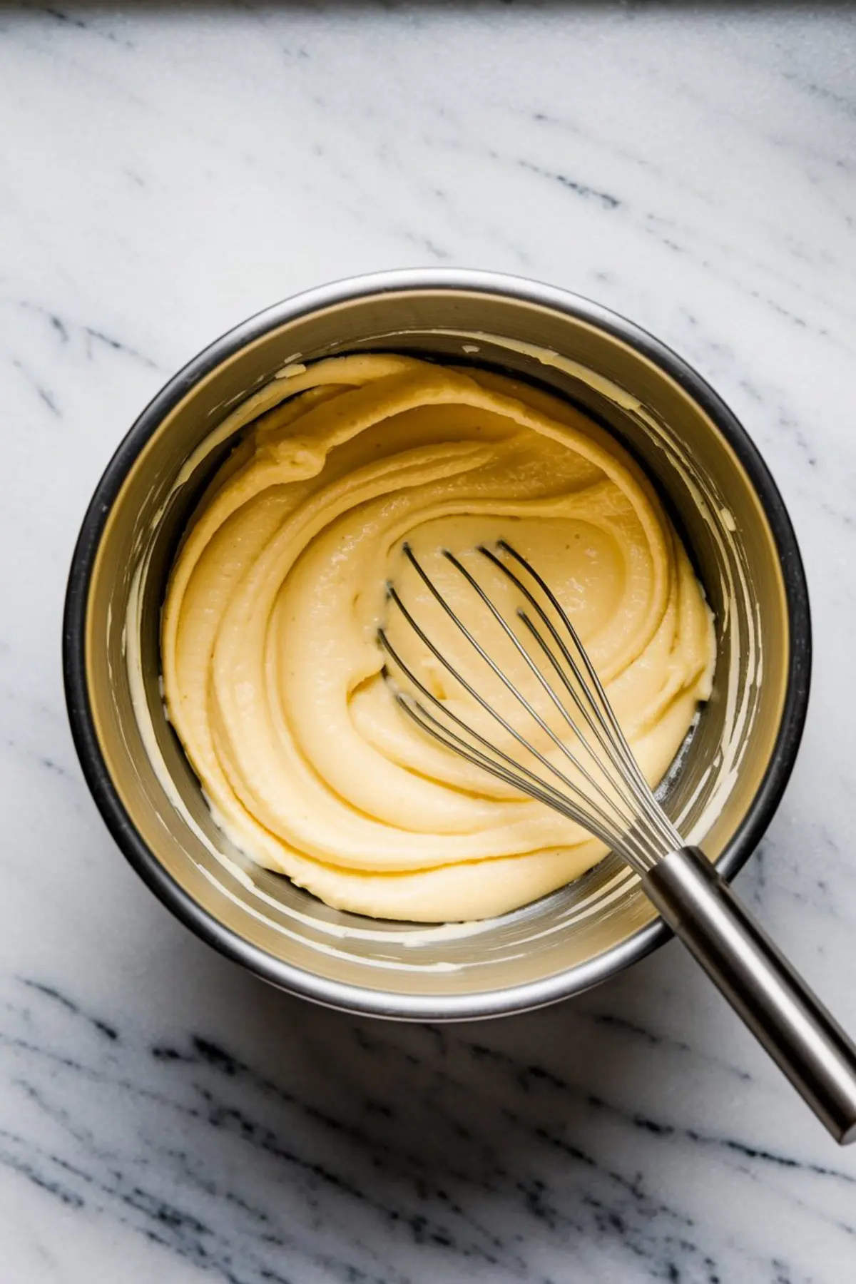 Top view of a metal mixing bowl with thick lemon batter being whisked, set on a white marble counter, capturing the smooth texture of the creamy lemon mixture.