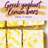 Collage featuring neatly cut Greek yogurt lemon bars in a baking dish dusted with powdered sugar and garnished with lemon zest, paired with a decorative title reading “Greek yoghurt lemon bars - Bake it today.”