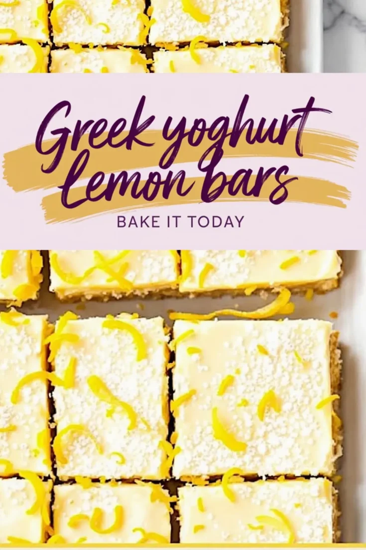 Collage featuring neatly cut Greek yogurt lemon bars in a baking dish dusted with powdered sugar and garnished with lemon zest, paired with a decorative title reading “Greek yoghurt lemon bars - Bake it today.”