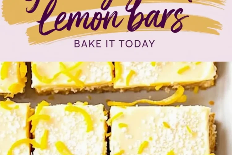 Collage featuring neatly cut Greek yogurt lemon bars in a baking dish dusted with powdered sugar and garnished with lemon zest, paired with a decorative title reading “Greek yoghurt lemon bars - Bake it today.”
