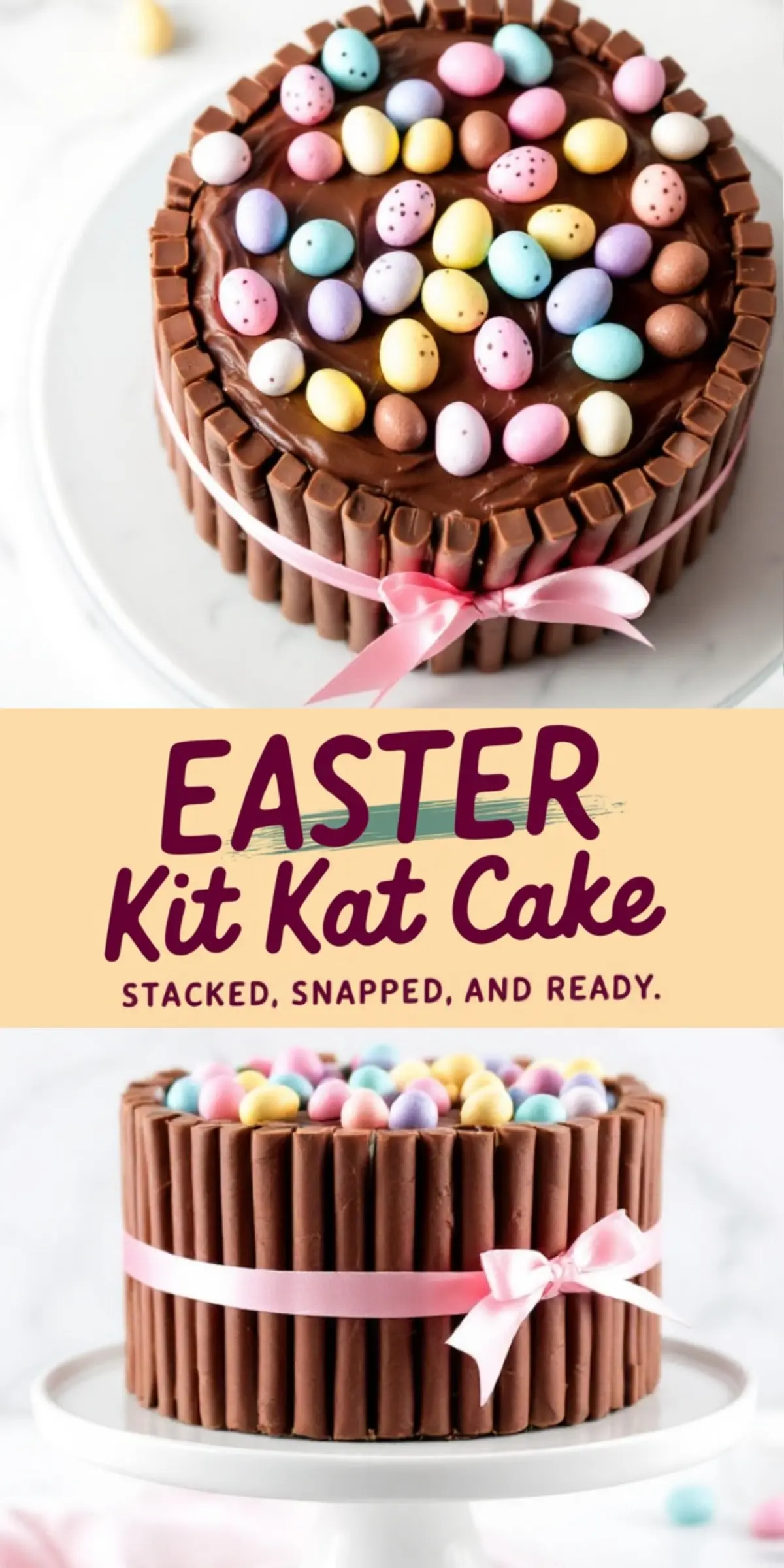 A chocolate Easter Kit Kat cake featuring colorful candy eggs on top, with Kit Kat bars lining the sides and a pink ribbon bow. The cake sits on a white plate. A text overlay in bold, colorful fonts says “Easter Kit Kat Cake - Stacked, Snapped, and Ready.”