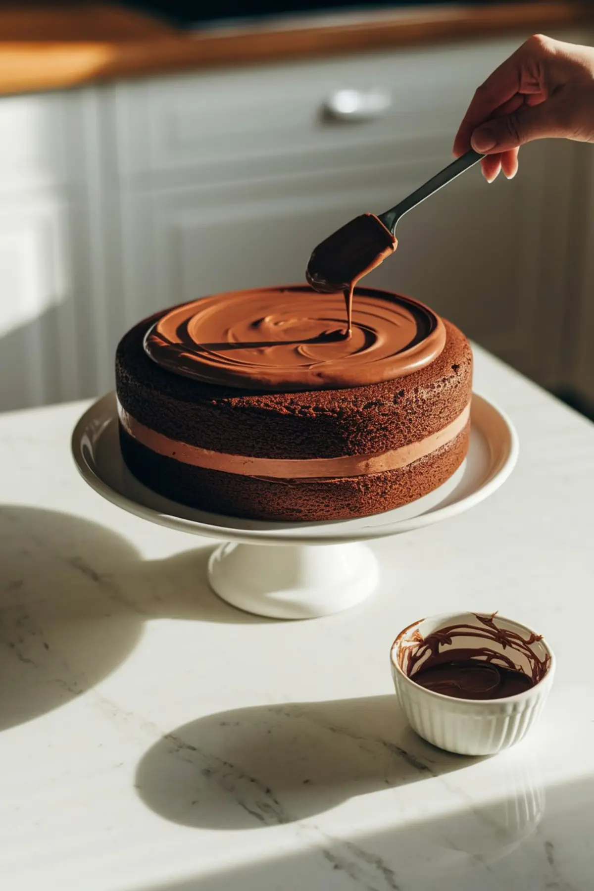 A freshly baked chocolate cake being frosted with glossy melted chocolate using a spatula. The cake is on a white cake stand in a warmly lit kitchen, with a small bowl of chocolate ganache beside it.