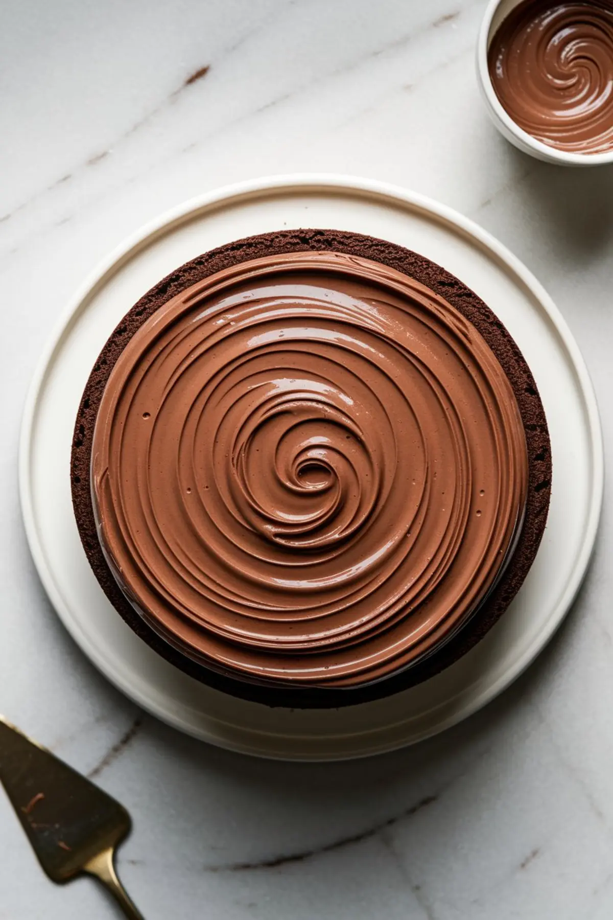 A top-down view of a chocolate cake covered in smooth, swirled chocolate frosting. A small bowl of chocolate ganache is placed nearby on a marble countertop.