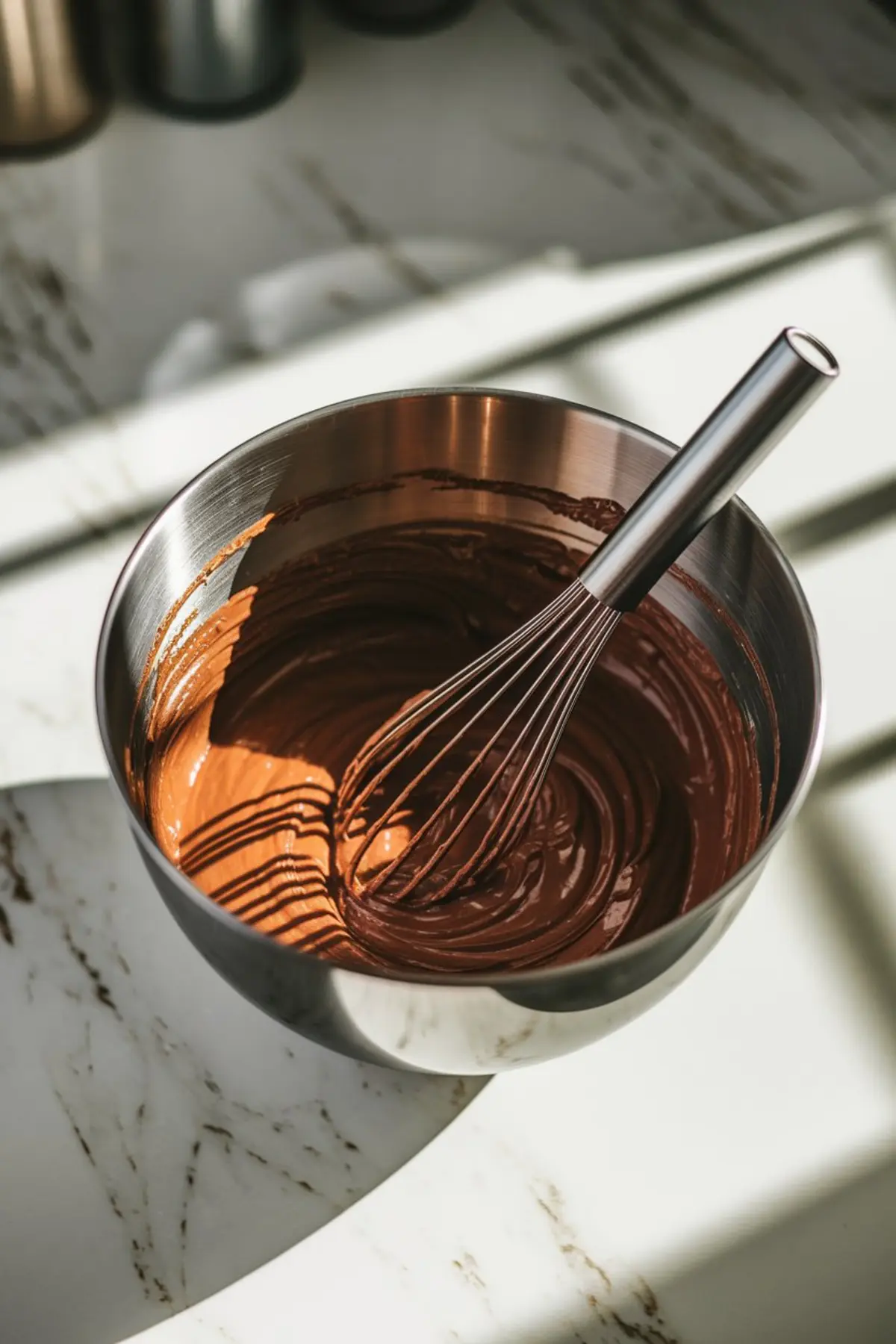 A stainless steel mixing bowl filled with silky, melted chocolate being whisked. Sunlight streams in, highlighting the glossy texture of the chocolate mixture.