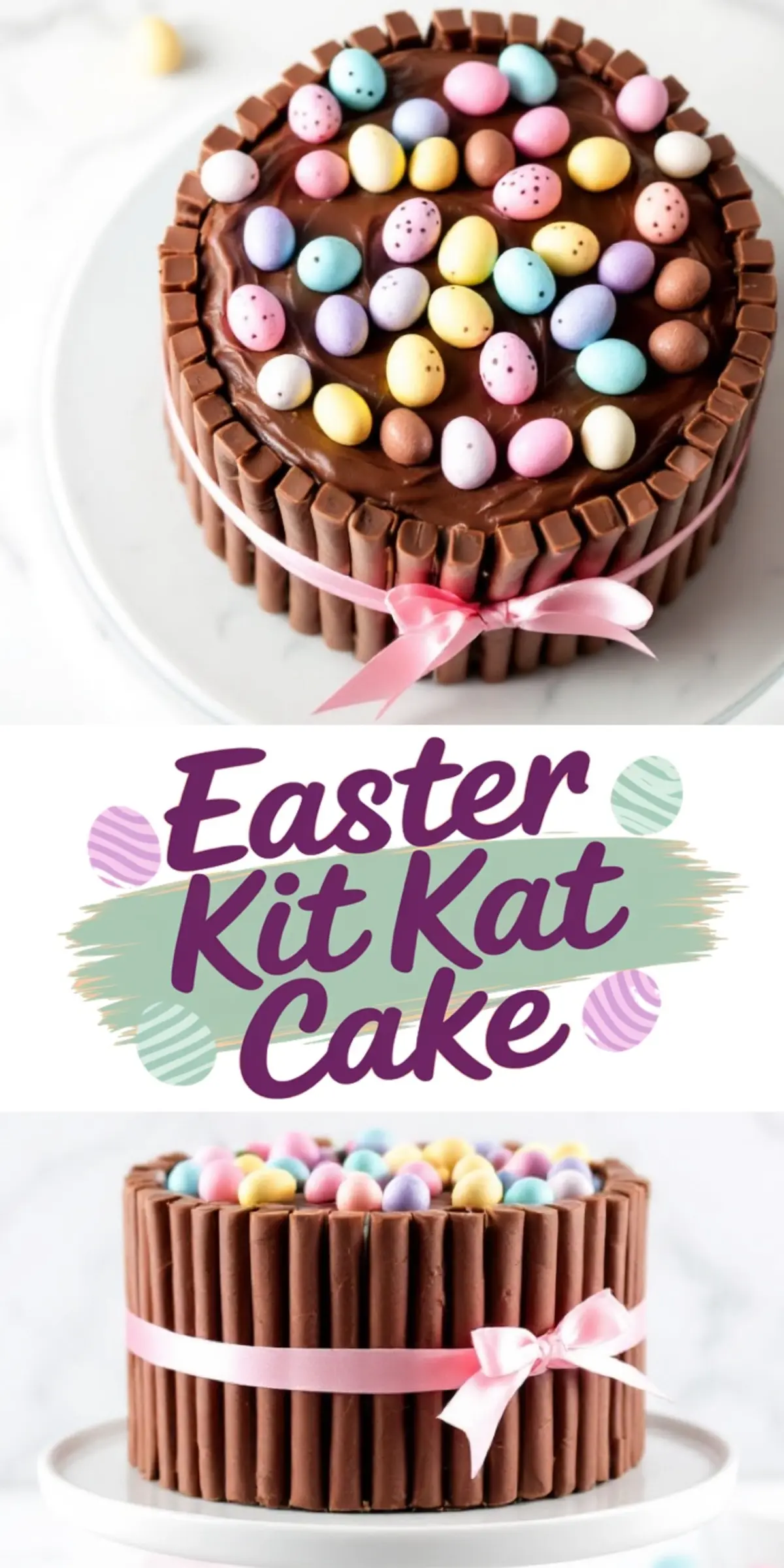 A chocolate Easter Kit Kat cake topped with pastel candy eggs, encircled by Kit Kat bars, and tied with a pink satin ribbon. A text overlay with decorative elements reads “Easter Kit Kat Cake.”
