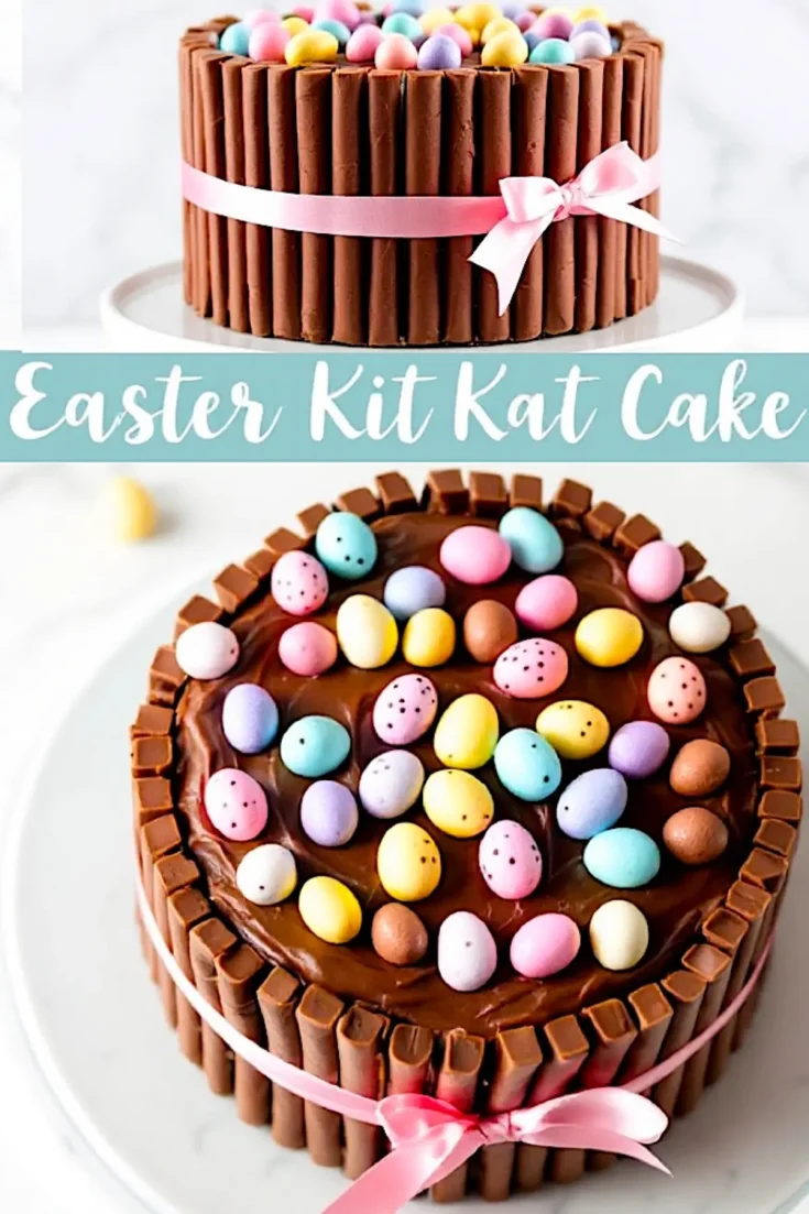 A chocolate Easter Kit Kat cake with a glossy chocolate surface, pastel candy eggs, and Kit Kat bars forming a border. A pink ribbon is tied around the cake. A text overlay says “Easter Kit Kat Cake” in a playful font with pastel accents.