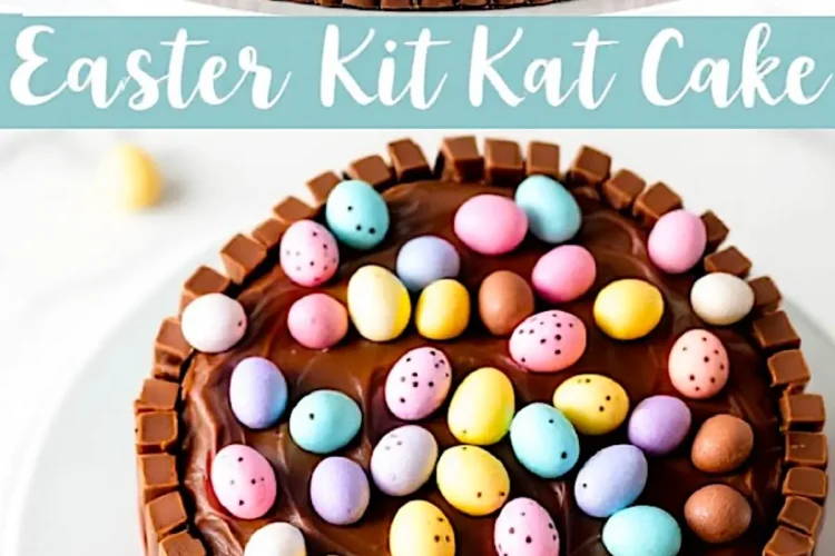 A chocolate Easter Kit Kat cake with a glossy chocolate surface, pastel candy eggs, and Kit Kat bars forming a border. A pink ribbon is tied around the cake. A text overlay says “Easter Kit Kat Cake” in a playful font with pastel accents.