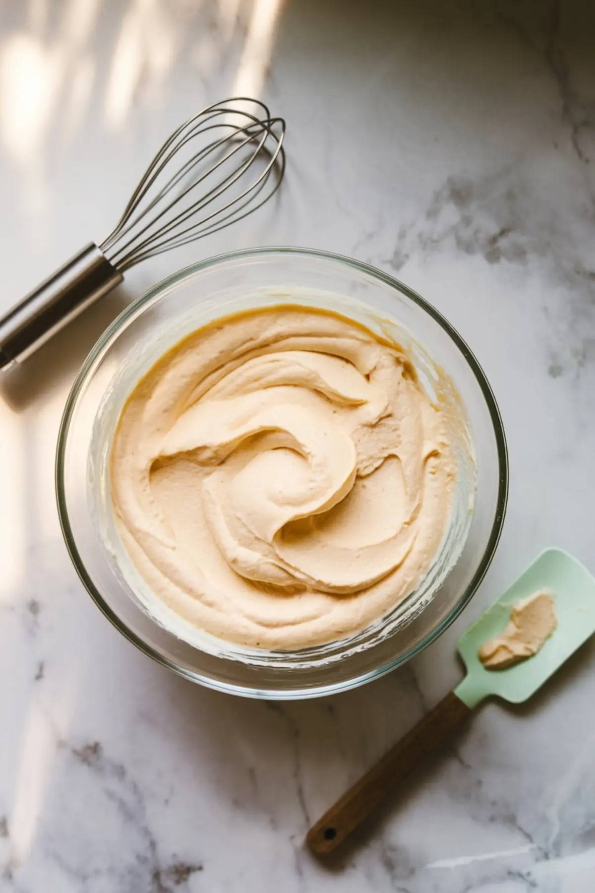A glass bowl filled with smooth and creamy cheesecake mousse on a marble countertop. A metal whisk rests beside the bowl, and a mint green silicone spatula with a bit of mousse on it lies nearby.