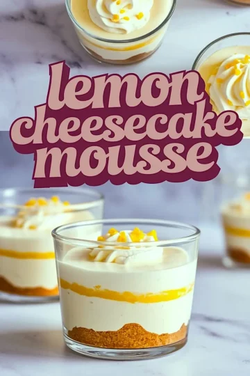 Close-up collage of lemon cheesecake mousse desserts in glass cups. The layers of graham cracker crust, creamy cheesecake mousse, and tangy lemon curd are clearly visible. Each dessert is topped with whipped cream and lemon zest. The words “lemon cheesecake mousse” are displayed in bold purple text.