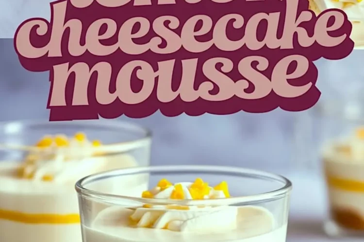 Close-up collage of lemon cheesecake mousse desserts in glass cups. The layers of graham cracker crust, creamy cheesecake mousse, and tangy lemon curd are clearly visible. Each dessert is topped with whipped cream and lemon zest. The words “lemon cheesecake mousse” are displayed in bold purple text.
