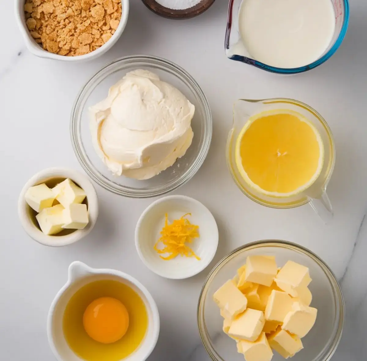Overhead shot of lemon cheesecake mousse ingredients arranged on a white marble surface. Includes cream cheese, heavy cream, graham cracker crumbs, cubed butter, an egg, lemon zest, lemon juice, and sugar in various bowls and measuring cups.