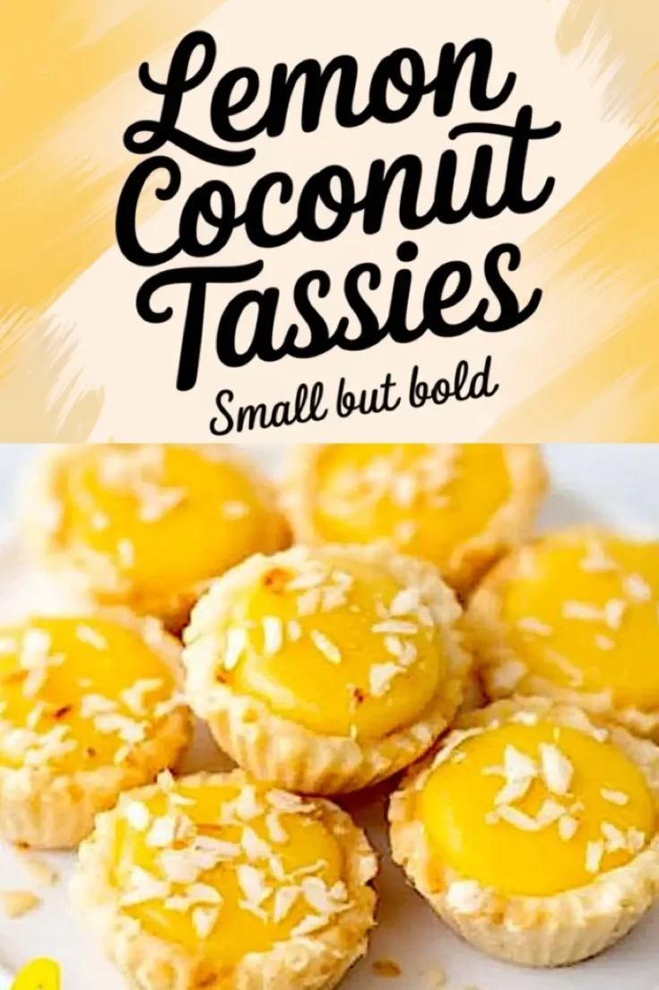 Close-up view of lemon coconut tassies, showing golden yellow lemon curd filled in buttery tart shells, topped with shredded coconut flakes, displayed on a white surface with a vibrant “Lemon Coconut Tassies” text overlay.