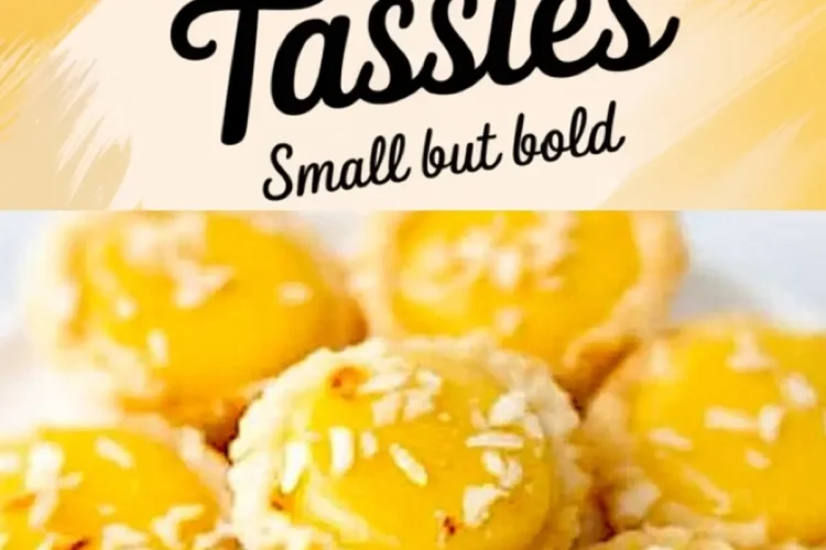Close-up view of lemon coconut tassies, showing golden yellow lemon curd filled in buttery tart shells, topped with shredded coconut flakes, displayed on a white surface with a vibrant “Lemon Coconut Tassies” text overlay.